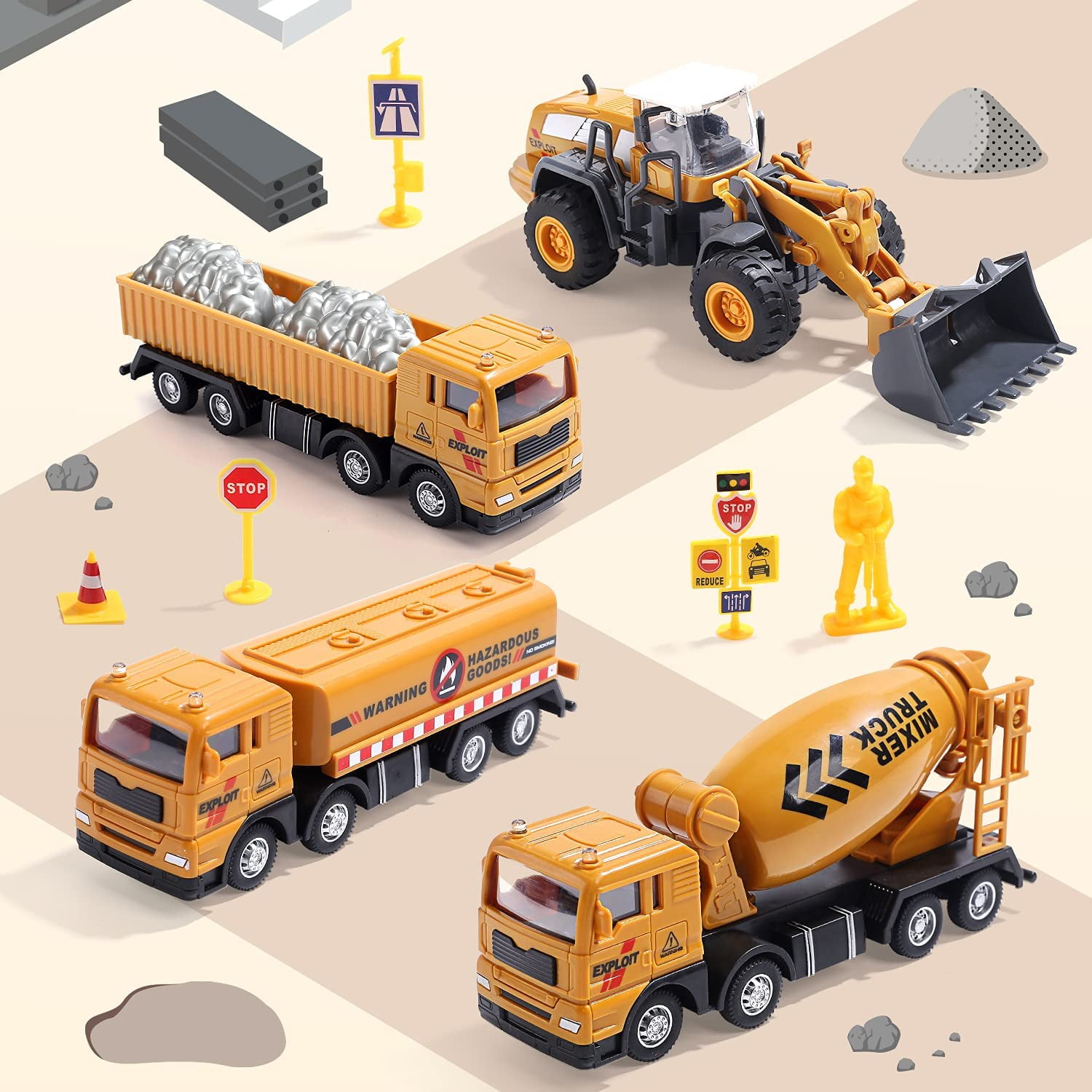 JoyStone Construction Vehicle Playset with Playmat and Movable Parts (Yellow, 1 Set) qij64