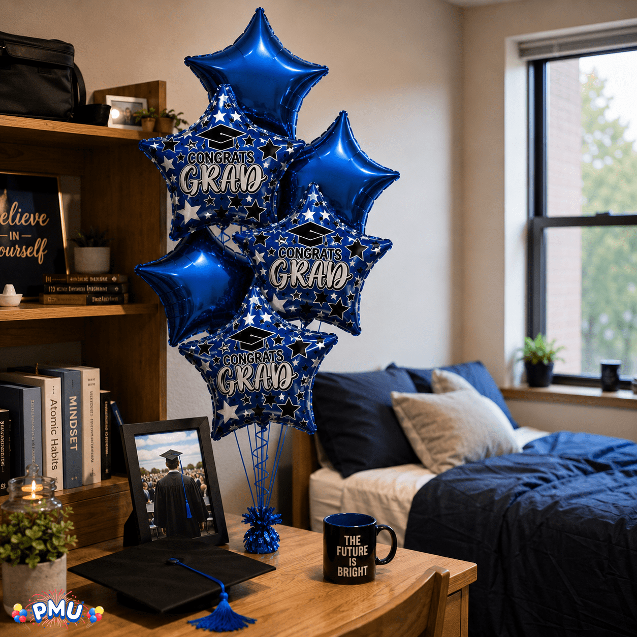 PMU Graduation Party Balloon Bouquet Set, Congrats Grad Star Decorations (Blue, 6-Piece Set) htt2d