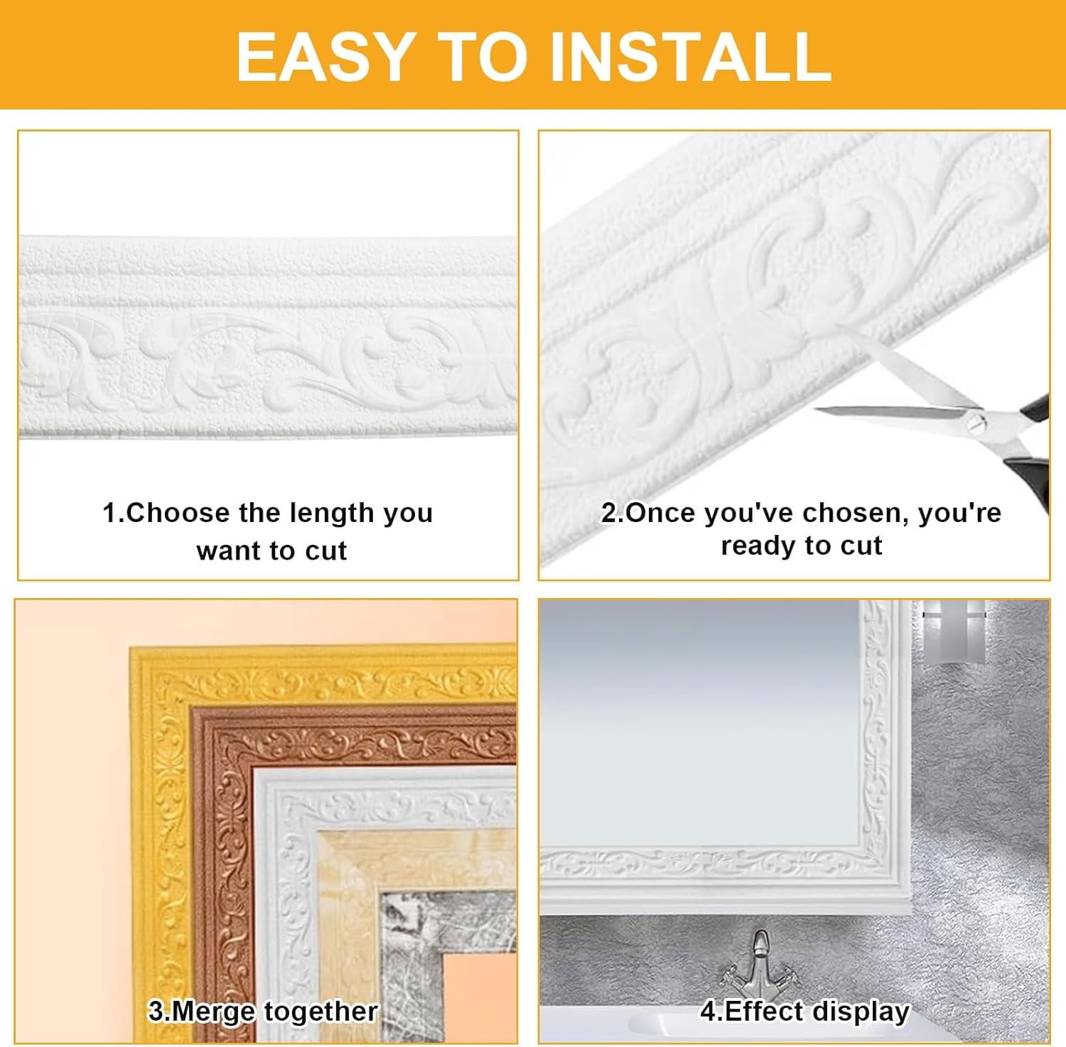 Kvago 3D Flexible Foam Wall Molding Trim, Self-Adhesive Decorative Baseboard Border for Home DIY (White, 3 in x 32 ft) obl5o