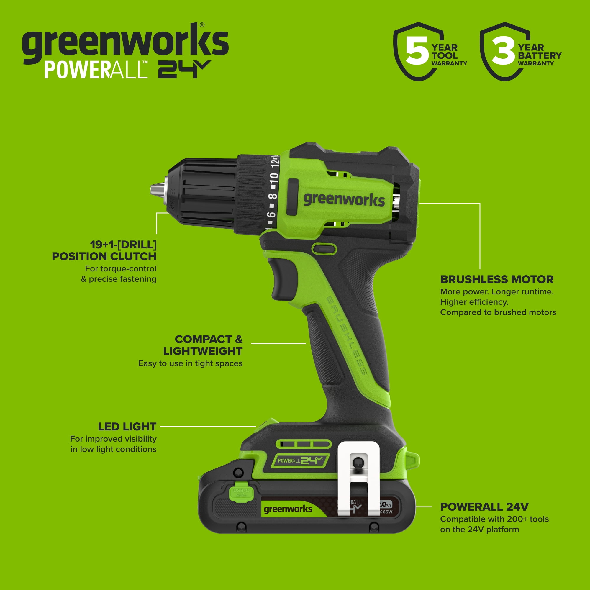 Greenworks 24V Cordless Drill Driver and Hand Tool Project Kit (Green, 1 Kit) jpj0h