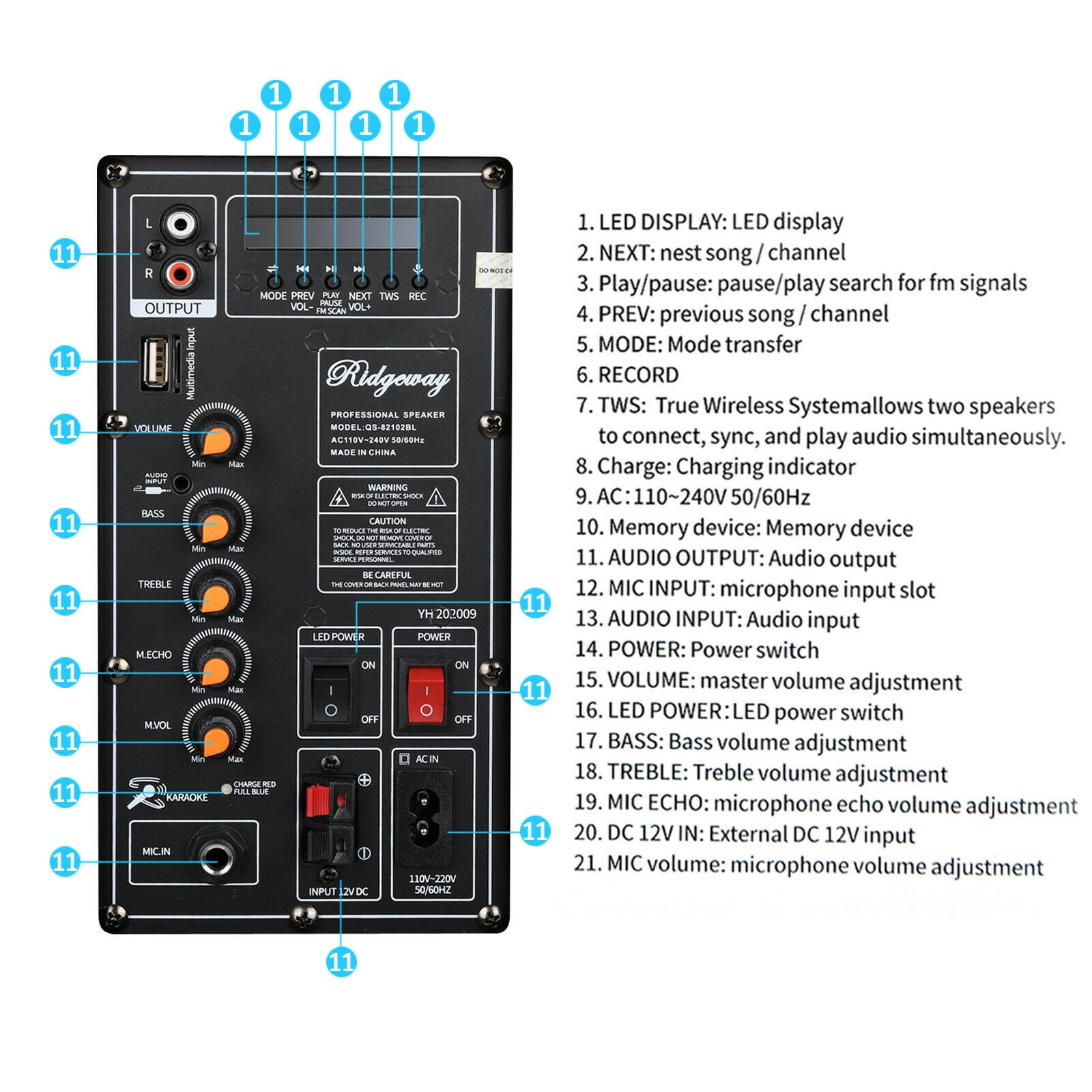 Dazone Portable Bluetooth Party Speaker with Dual 10 in Woofers, LED Lights, and Karaoke Function (Black, 4500W) 3e3co