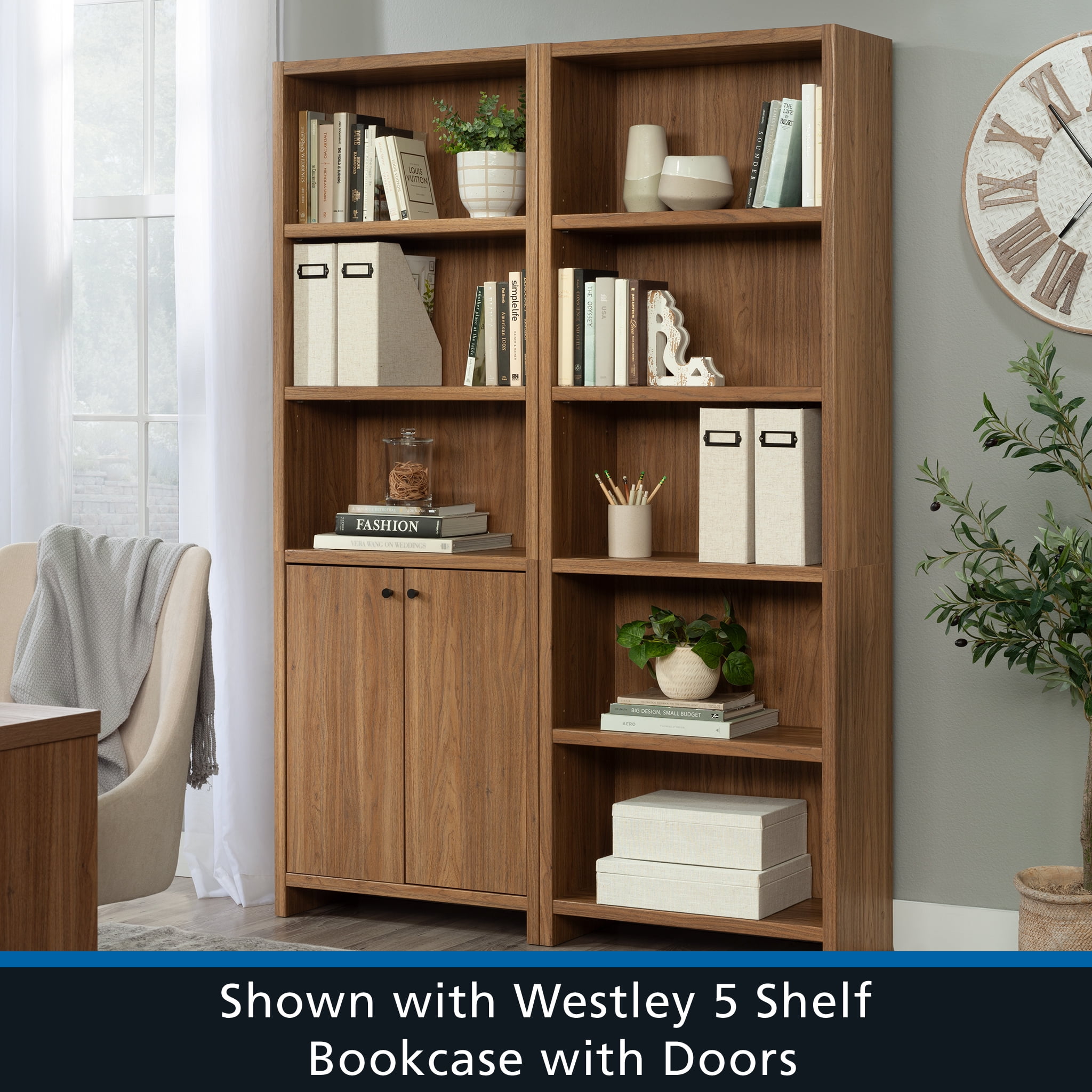 Mainstays Westley 5-Shelf Bookcase, Durable Storage Organizer (Walnut, 72.68 in H x 25.83 in W x 11.58 in D) 4uru3