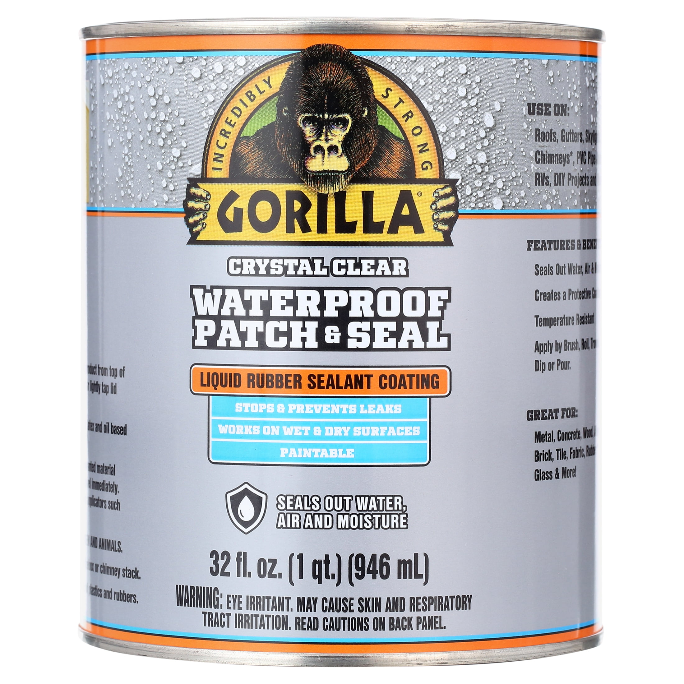 Gorilla Patch & Seal Liquid Rubber Waterproof Sealant, Flexible Coating for Leaks (Clear, 32 oz) s5krh