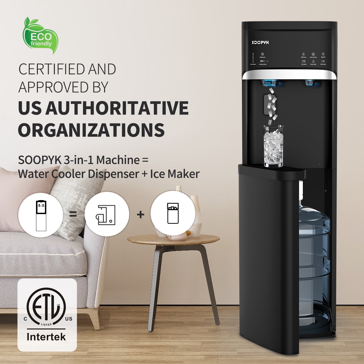 SOOPYK Bottom Loading Water Dispenser with Nugget Ice Maker, 3-Temperature Settings, Self-Cleaning, Child Safety Lock (Black, 5 Gallon) xvx61