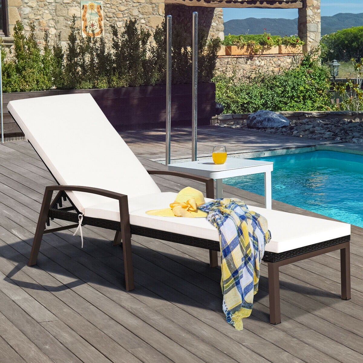 Costway 2-Piece Patio Rattan Lounge Chair Set with Adjustable Backrest and Cushions (Off-White) gvlci
