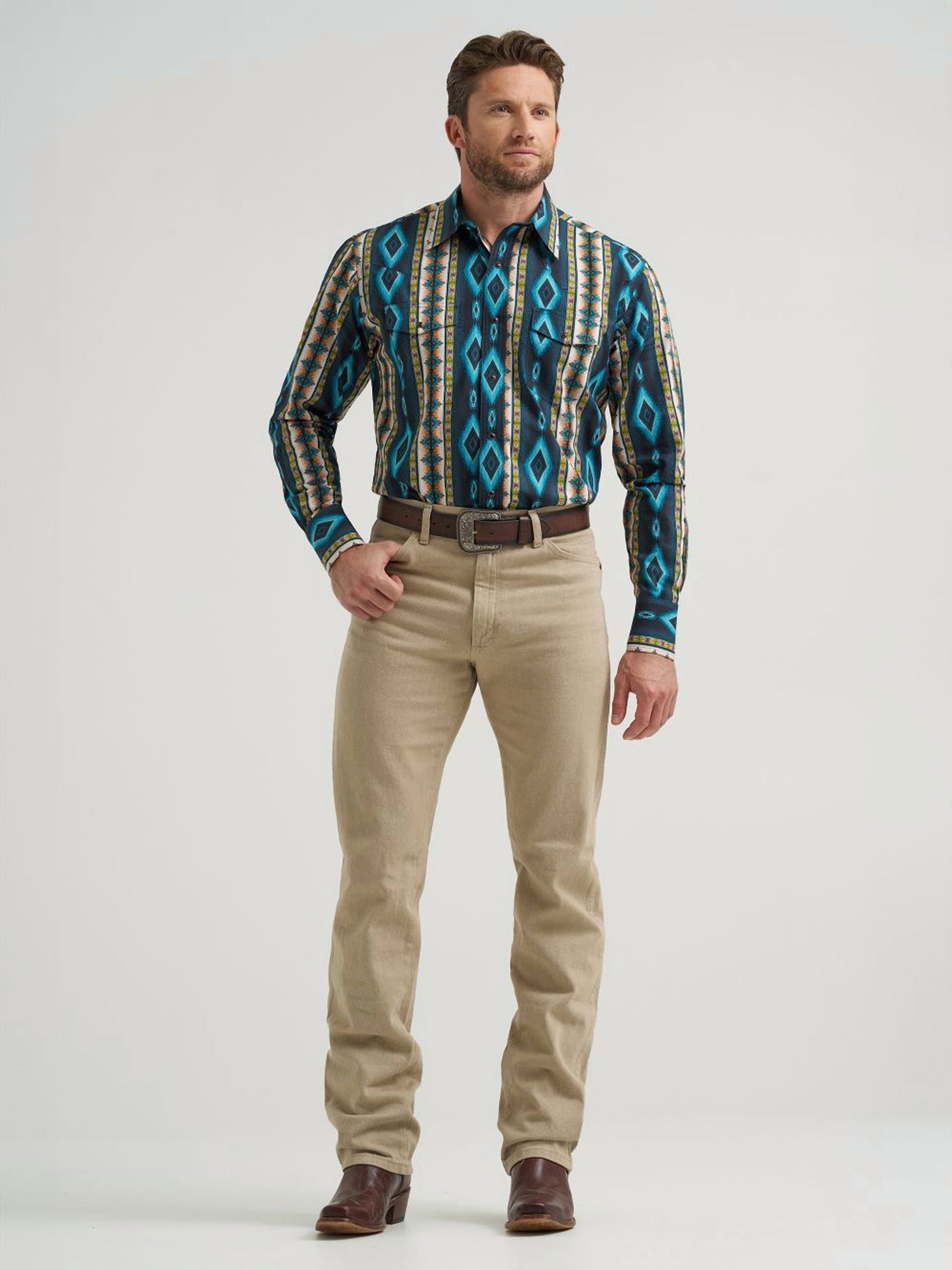 Wrangler Checotah Mens Western Shirt Turquoise Belt Print (XL) bizkh