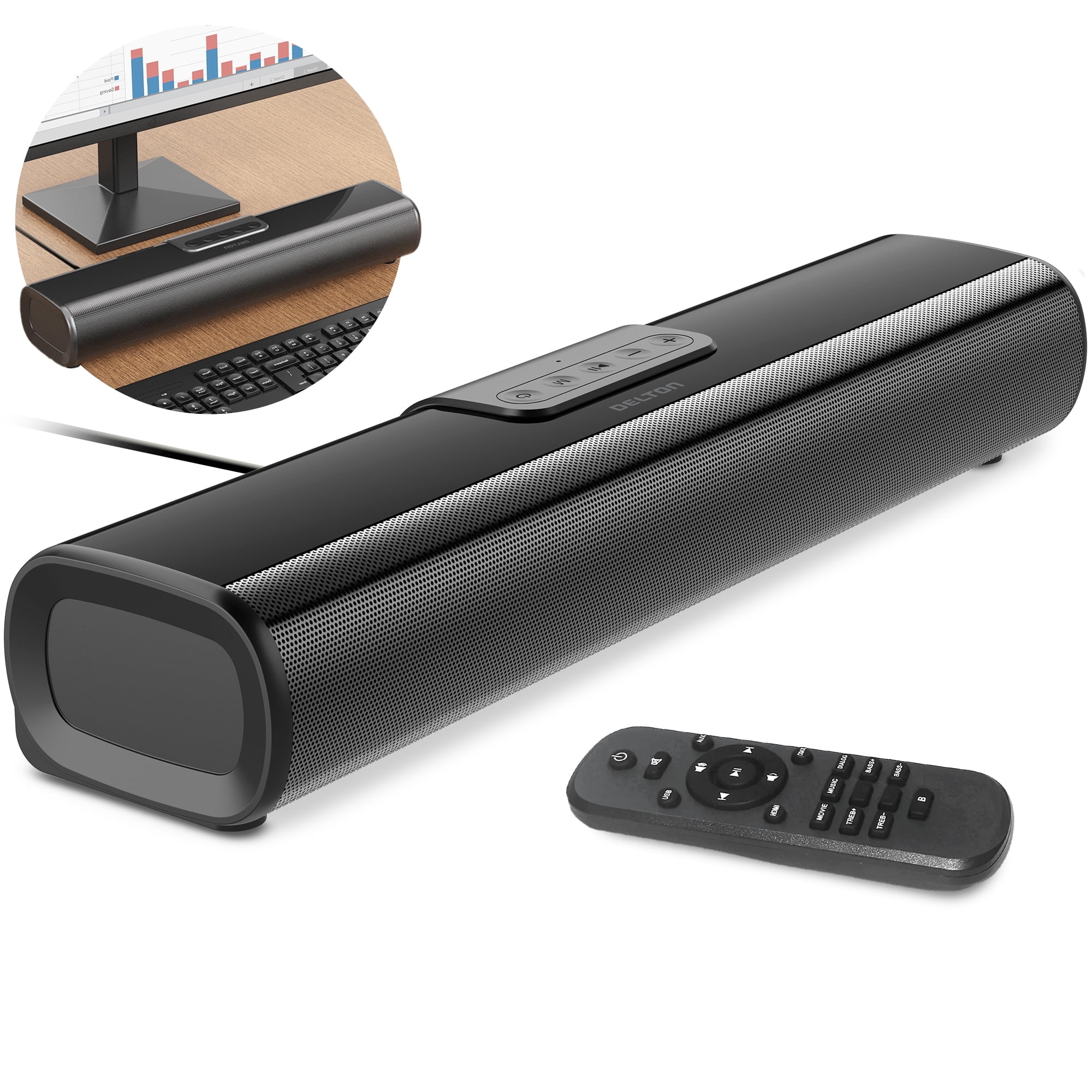 Delton SB380 Stereo Sound Bar, 50W Computer Speakers, Wired & Wireless Soundbar with Remote Control (Black, 15.74 in) 4d19d
