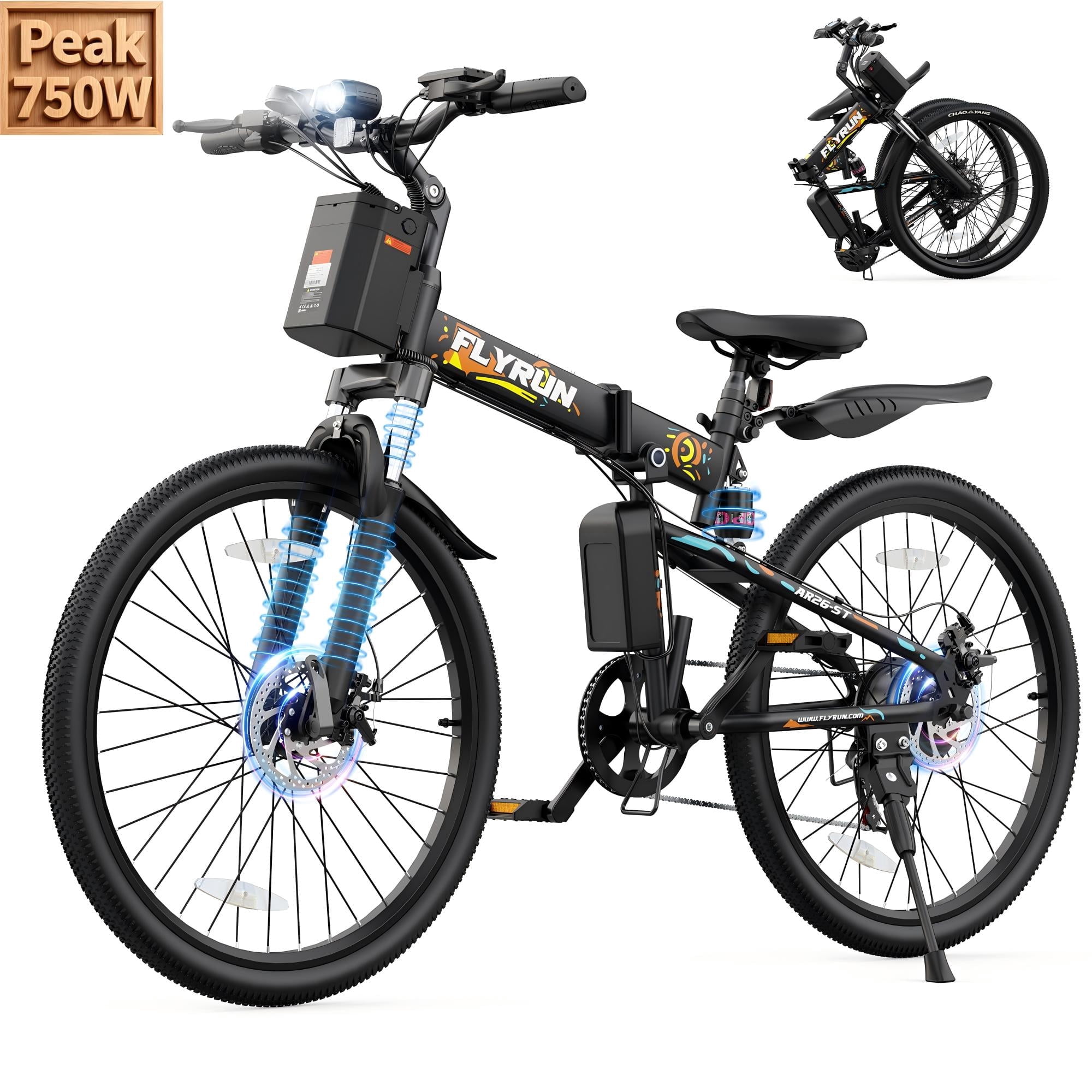 FLYRUN 26 in Electric Folding Ebike, 750W Peak Motor, 48V Removable Battery, Shimano 7-Speed, UL2849 Certified (Yellow, 26 in) u9gfq