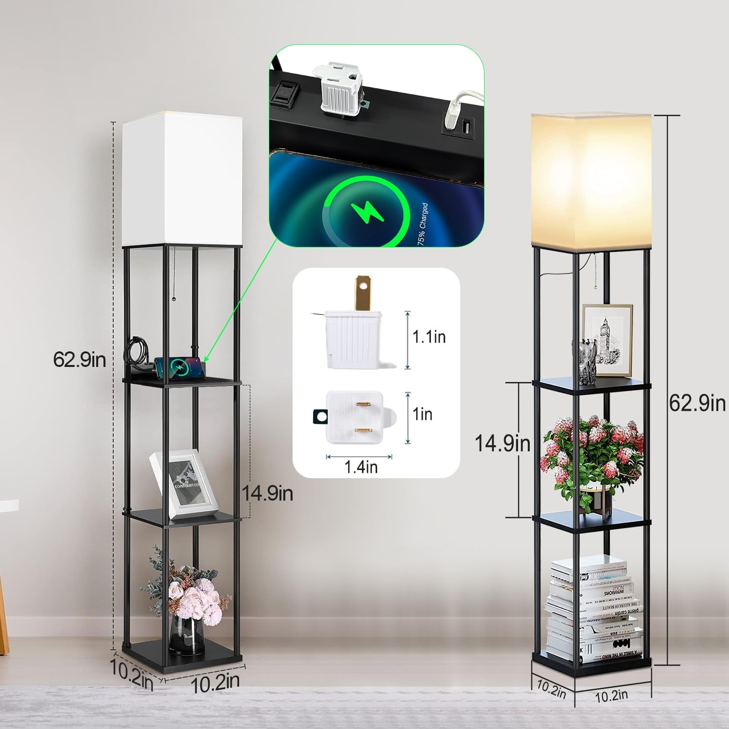 NUNET Floor Lamp with Shelves, 3-Tier Storage Organizer, 2AC Outlets & 2USB Ports, 3 Color Temperature LED (White, 2PK) 0dd17