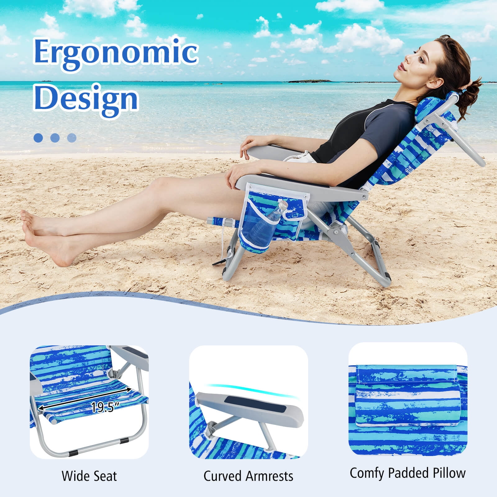 Costway 2-Piece Folding Beach Chair Set Lightweight Aluminum Camping Chair with Storage (Navy, 2-Pack) 11wsf