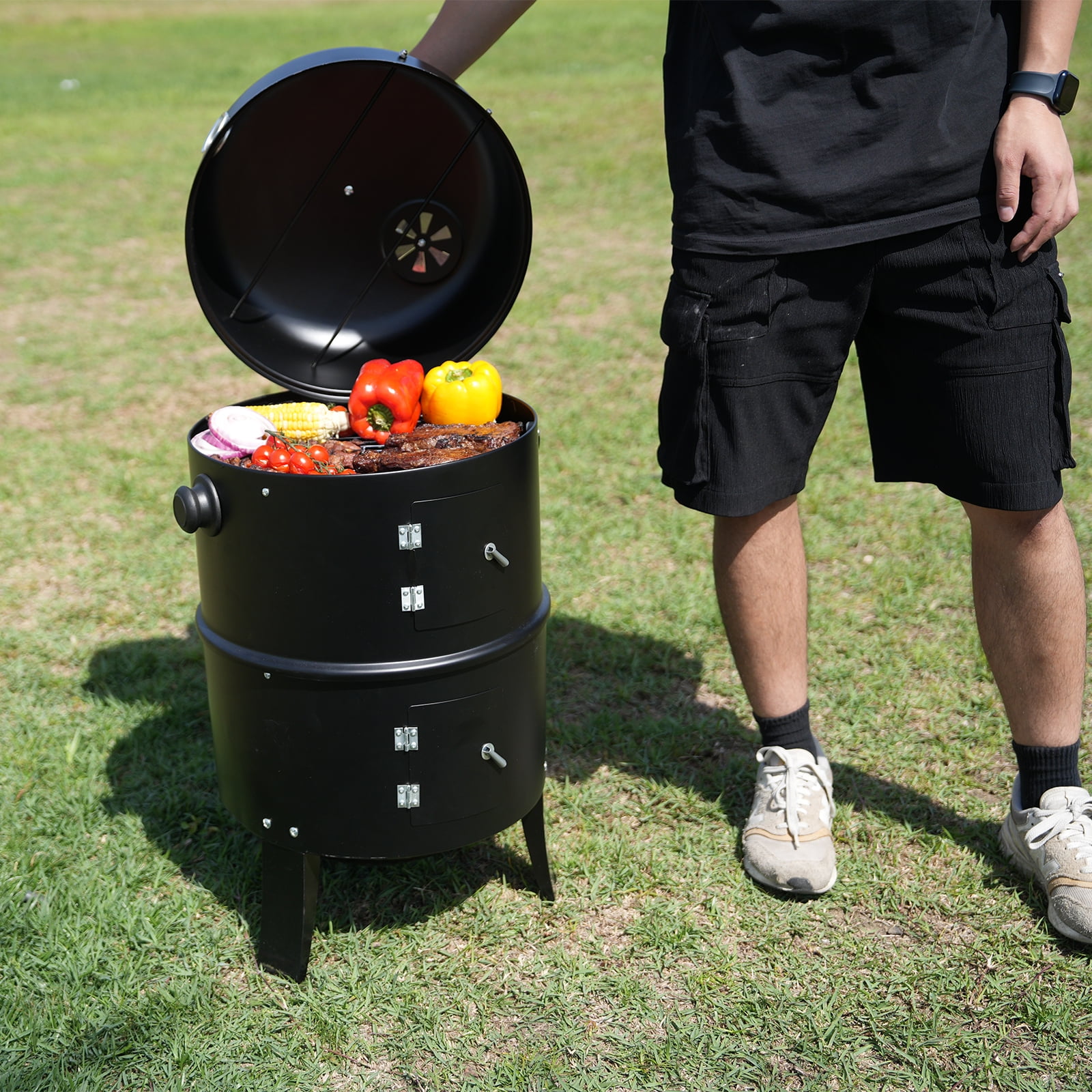 KingChii 3-in-1 Vertical Charcoal Smoker Grill (Black, 20.5 in x 16 in x 32 in) 356yc