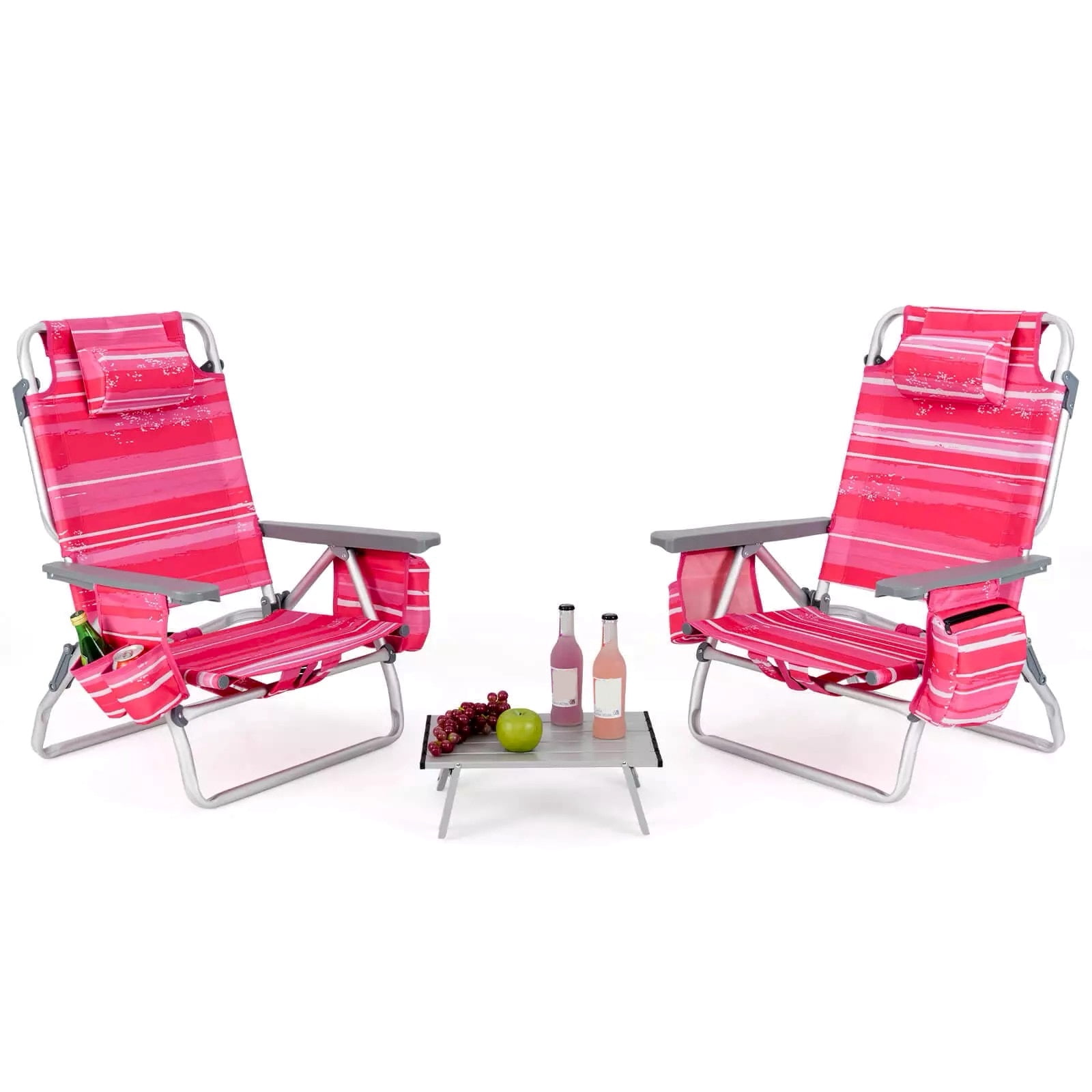 Auranook 2-Pack Folding Backpack Beach Chair Set with Side Table (Pink, 5-Position Reclining) mudv9