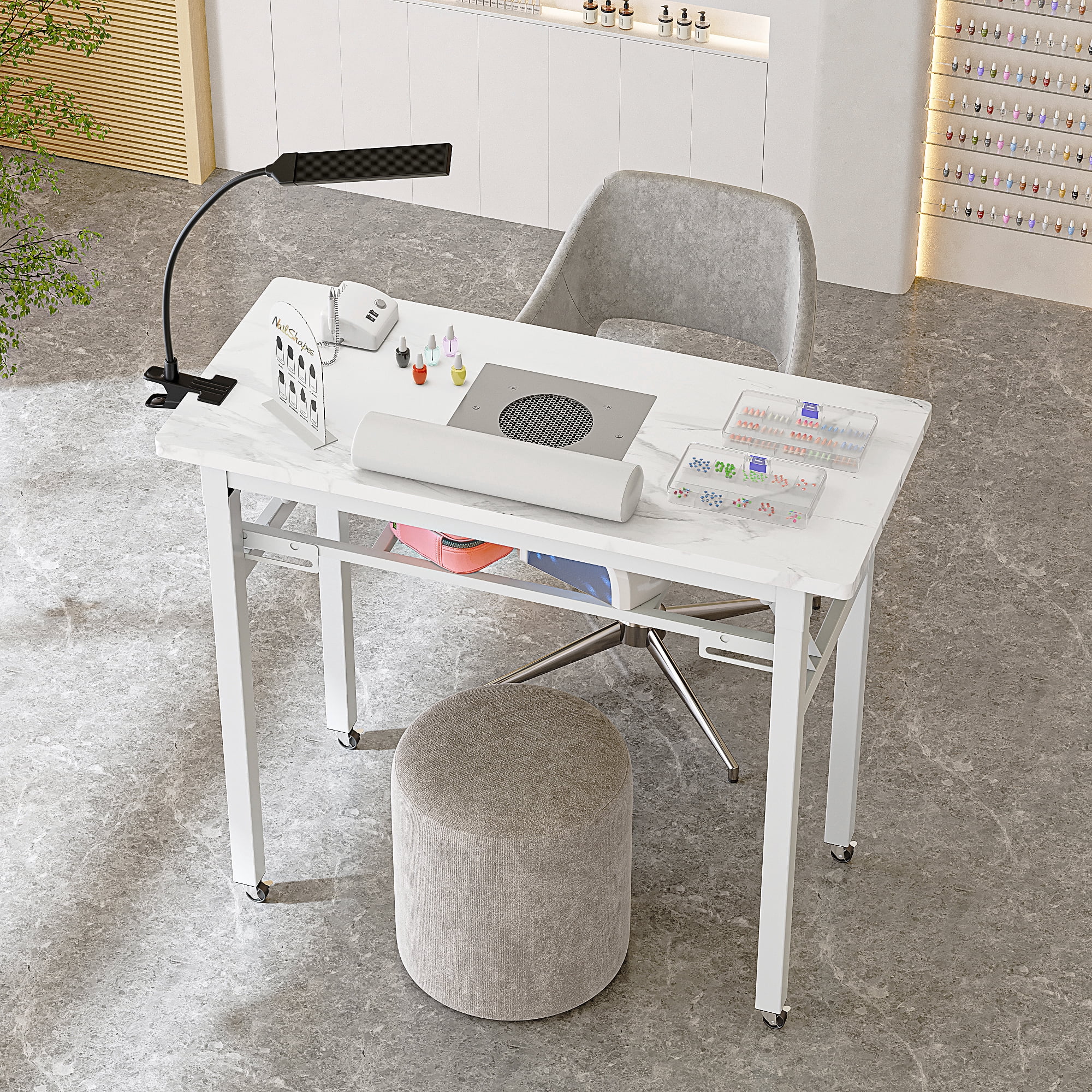 Advwin Portable Manicure Nail Table with Dust Collector and LED Lamp (White Marble, 37 in x 17 in) nxh01