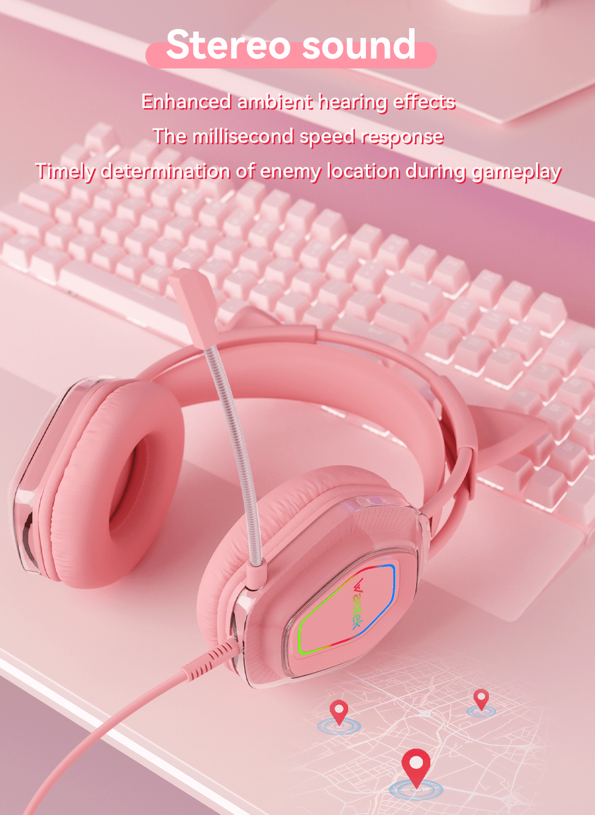 Wantek V10 Cat Ear Gaming Headset with RGB Lighting and Noise-Canceling Microphone (Pink, 7.17 ft) bt2cw