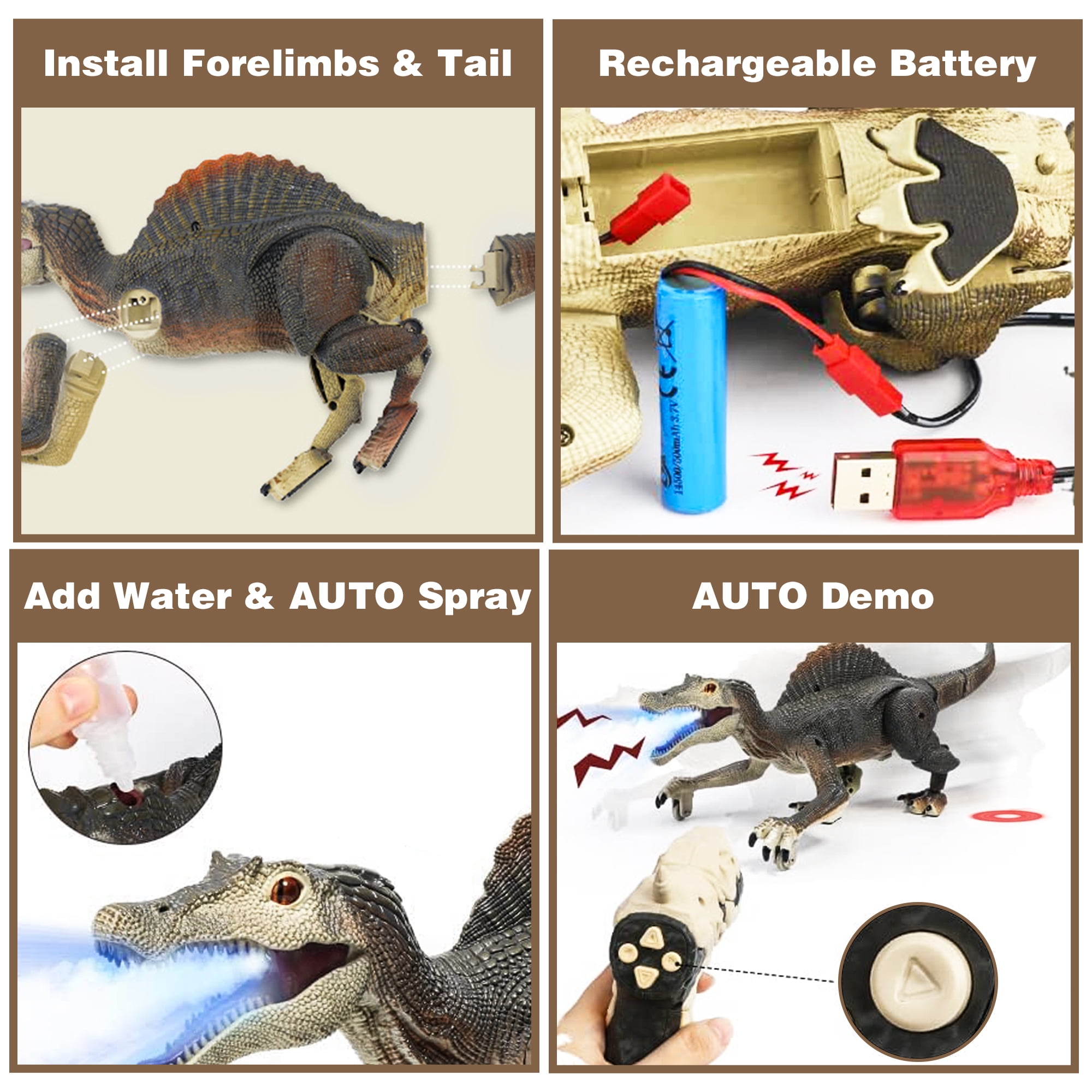 Richgv Remote Control Spinosaurus Robot Toy with Light and Spray Effects (Grey, 1 Pack) 9aahb