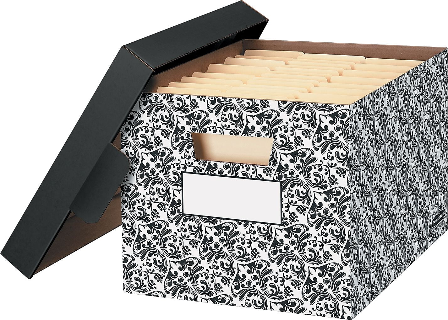 Bankers Box STOR/FILE Decorative Medium-Duty Storage Boxes for Letter and Legal Files (Black and White Brocade, 4 Pack, 12 in x 15 in x 10 in) m5t92