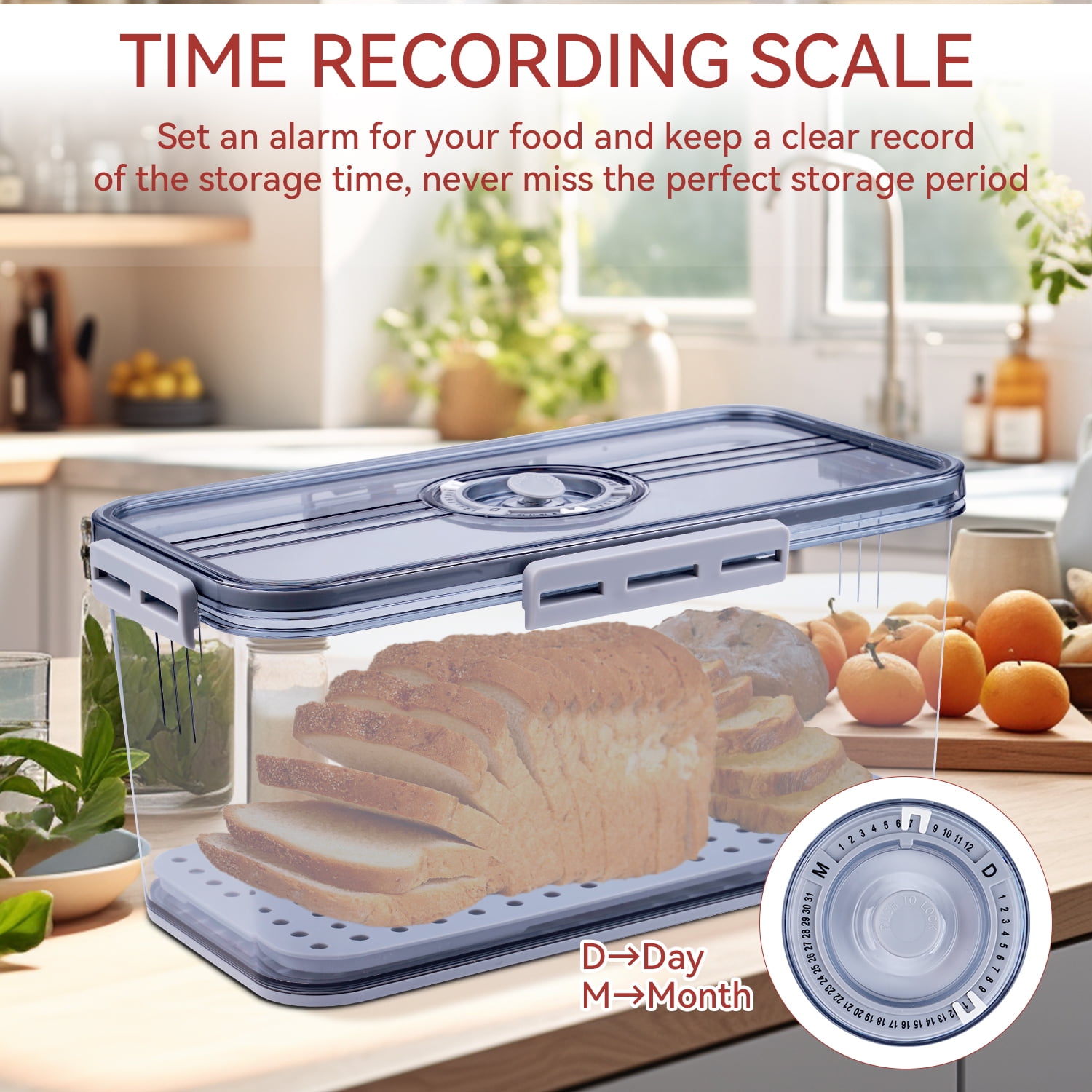 JUNLIN Airtight Bread Box with Time Recording Lid, Kitchen Countertop Food Storage Container (Gray, 12.6 in x 6.7 in x 5.9 in) iqi3r