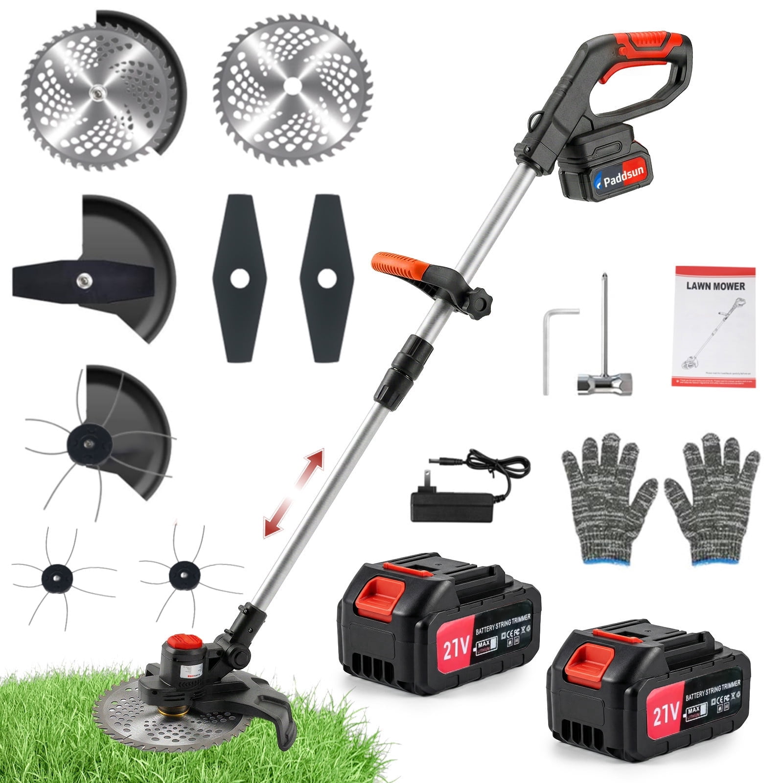 Paddsun Cordless Electric Weed Wacker, 21V Brushless Grass Trimmer & Edger with 2 Batteries (Red, 9 in) r85u8