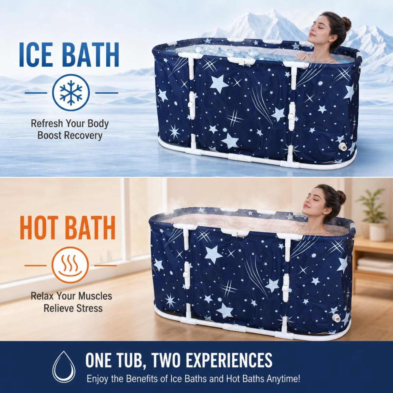 ANJORALA Portable Foldable Bathtub for Adults, Freestanding Hot & Ice Soaking Tub (Starry Blue, 47.2 in) 72qp1
