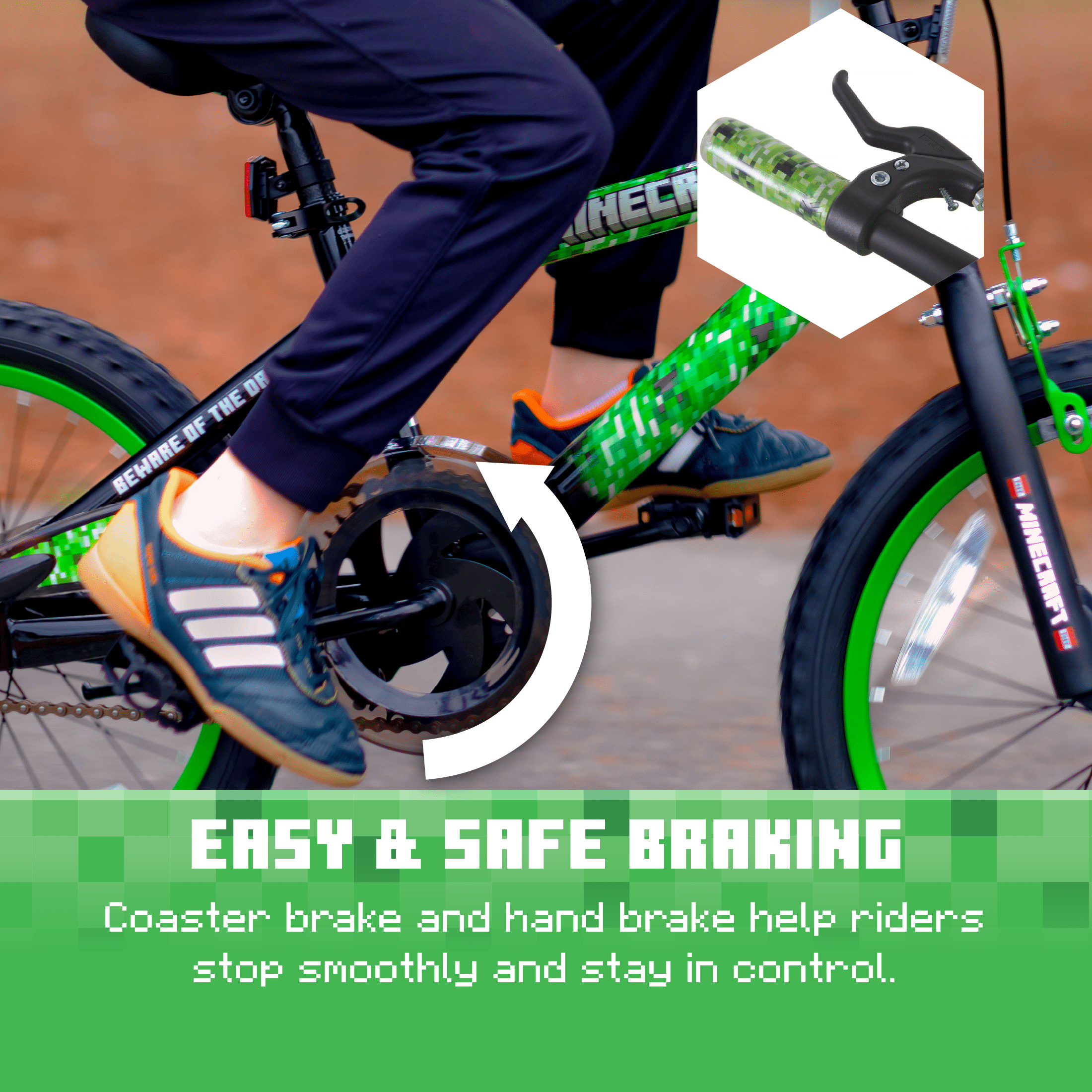Dynacraft Minecraft BMX Bike for Kids, Durable Steel Frame with Creeper Handlebar Bag (Green, 18 in) y5uls