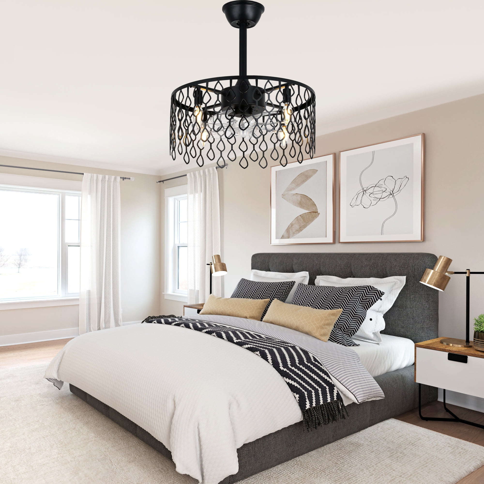Cusp Barn Industrial Bladeless Caged Ceiling Fan with Light and Remote Control (Black, 19 in) qt5eq