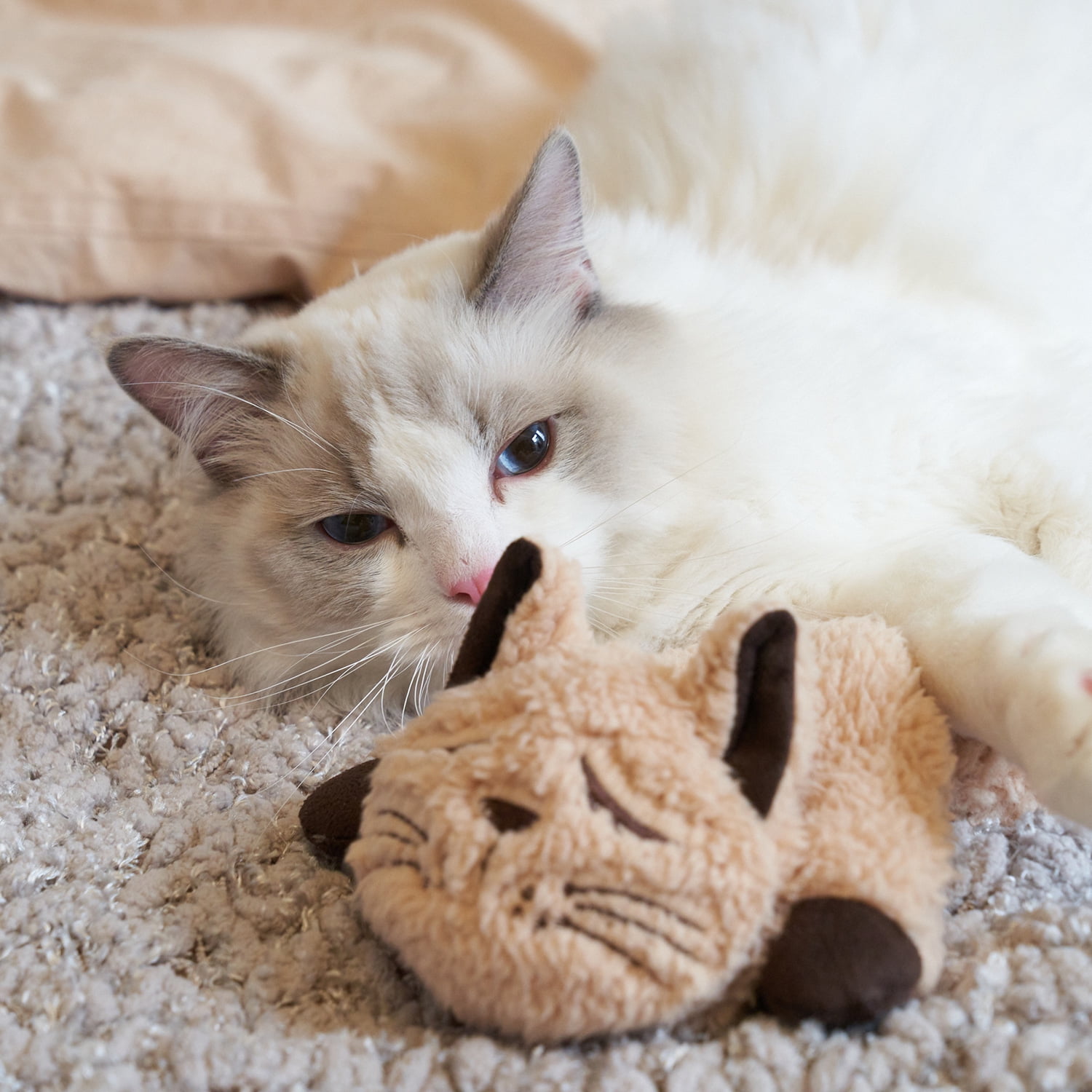 All For Paws Plush Cat Purring Toy for Anxiety Relief and Sleep Aid (Beige, 11.4 x 6.1 x 2.17 in) s84r0