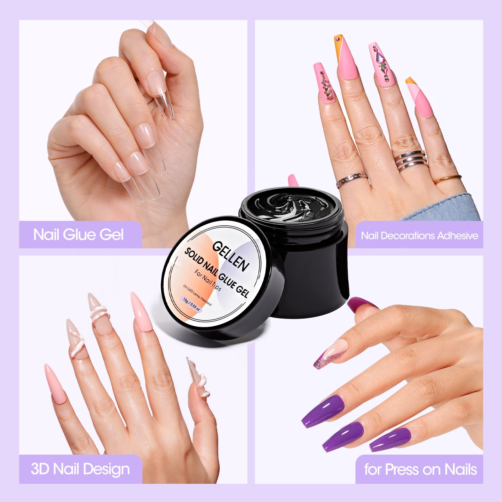 Gellen Solid Nail Glue Gel for Press-on Nails and Tips (Clear, 0.5 oz) phxux