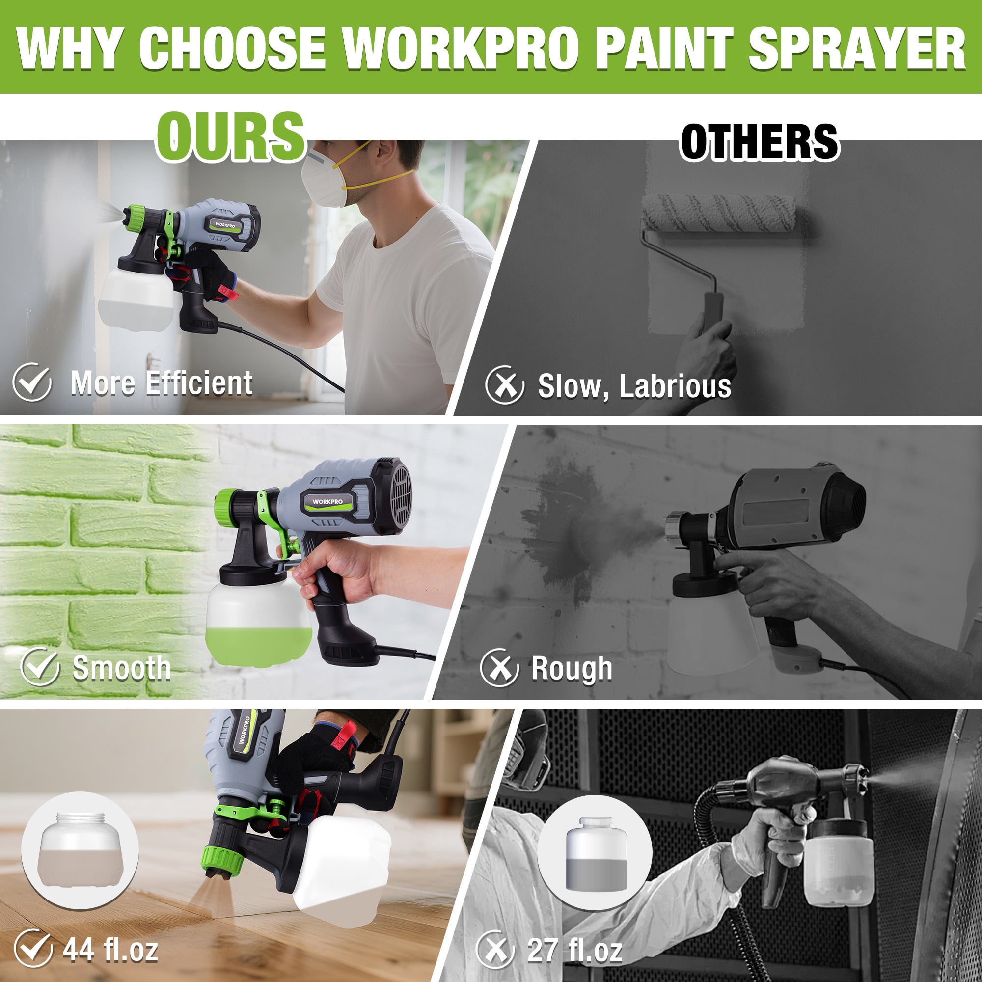 WORKPRO HVLP Paint Sprayer, Electric Spray Gun with 4 Nozzles and Adjustable Flow (44 fl oz) 30e3k