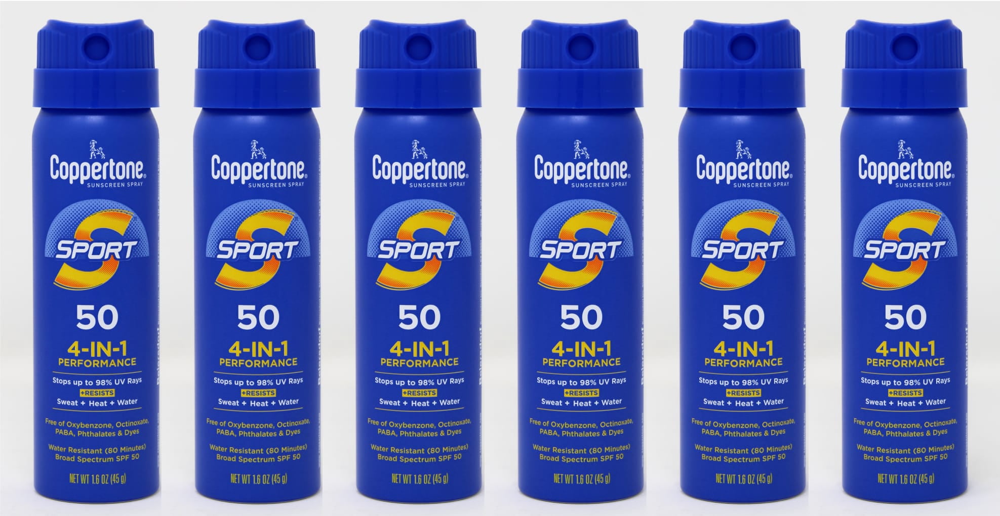 Coppertone Sport SPF 50 Sunscreen Spray, Broad Spectrum UVA/UVB Protection (Clear, 1.6 oz, Pack of 6) tjb0b