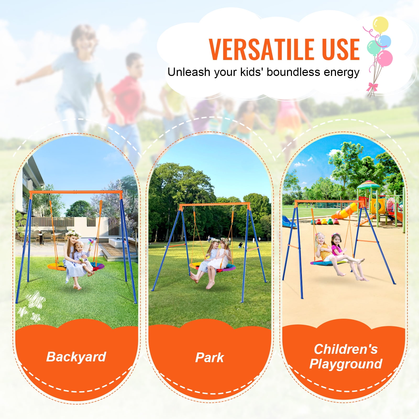 KFFKFF Outdoor Swing Set, Heavy-Duty A-Frame Metal Stand with 40 in Circular Seat, Adjustable Cord (Orange, 440 lb) 1ynm2