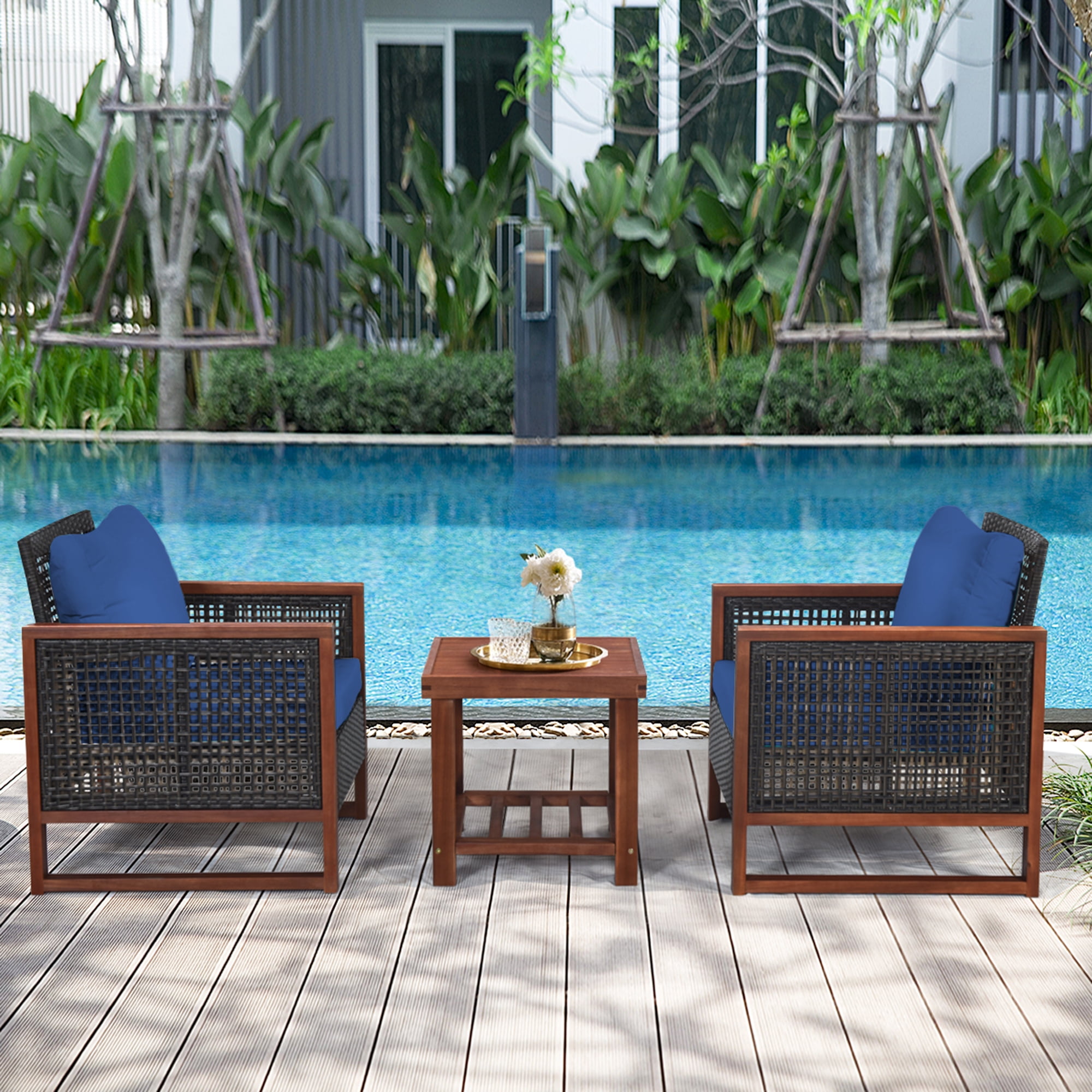 Gymax 3-Piece Rattan Wicker Patio Conversation Set with Navy Cushions (Acacia Wood Frame) 2o7cx