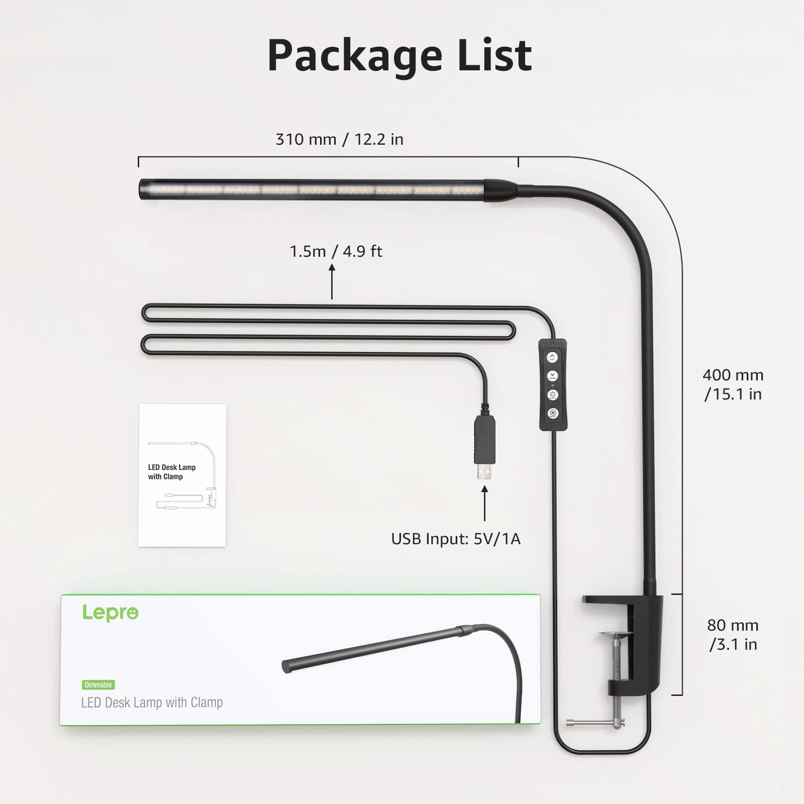 Lepro LED Clip-on Desk Lamp Dimmable USB Reading Light with Flexible Gooseneck (Black, 1 Pack) guusa