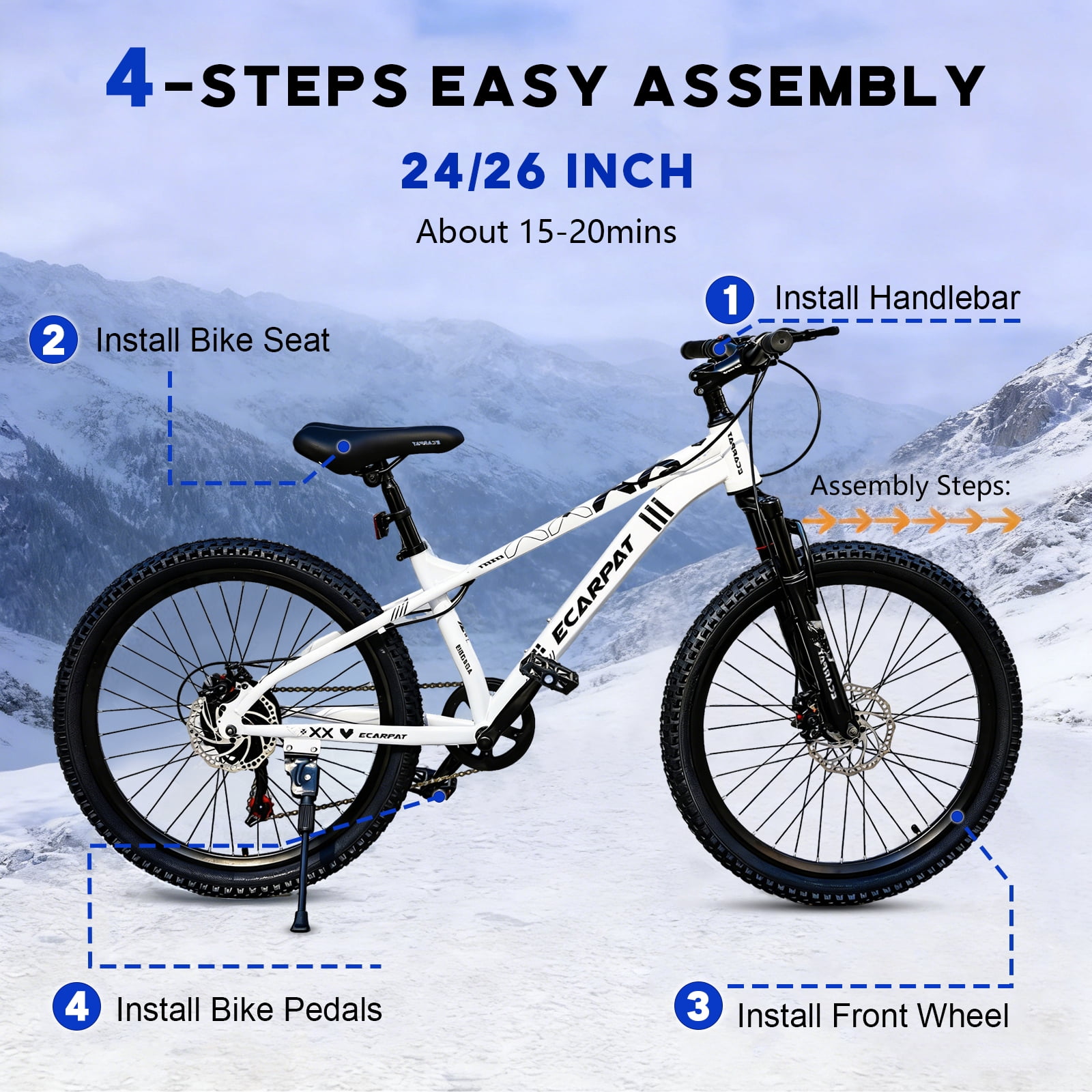 Ecarpat 24 Inch Mountain Bike, 9-Speed MTB with Front Suspension and Dual Disc Brakes (White, 24 in) o0ndr