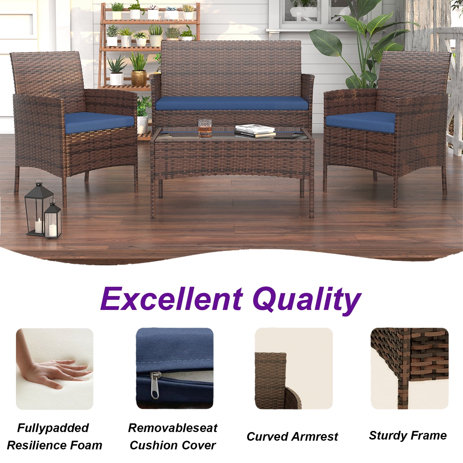 HOYOA 4-Piece Patio Rattan Conversation Furniture Set with Cushions (Brown/Blue, 4-Piece Set) 7gy97