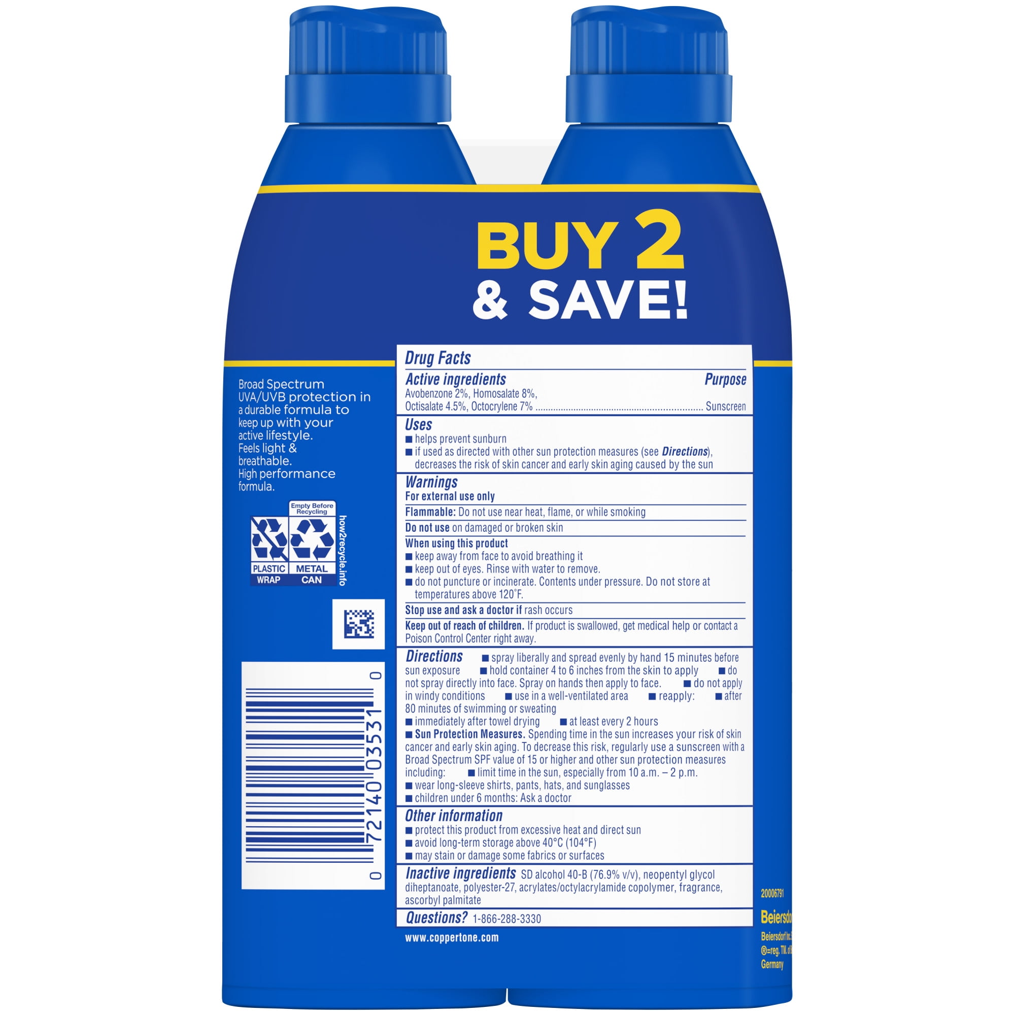 Coppertone Sport Sunscreen Spray, SPF 30 Broad Spectrum Protection (5.5 oz, Pack of 2) 533n9
