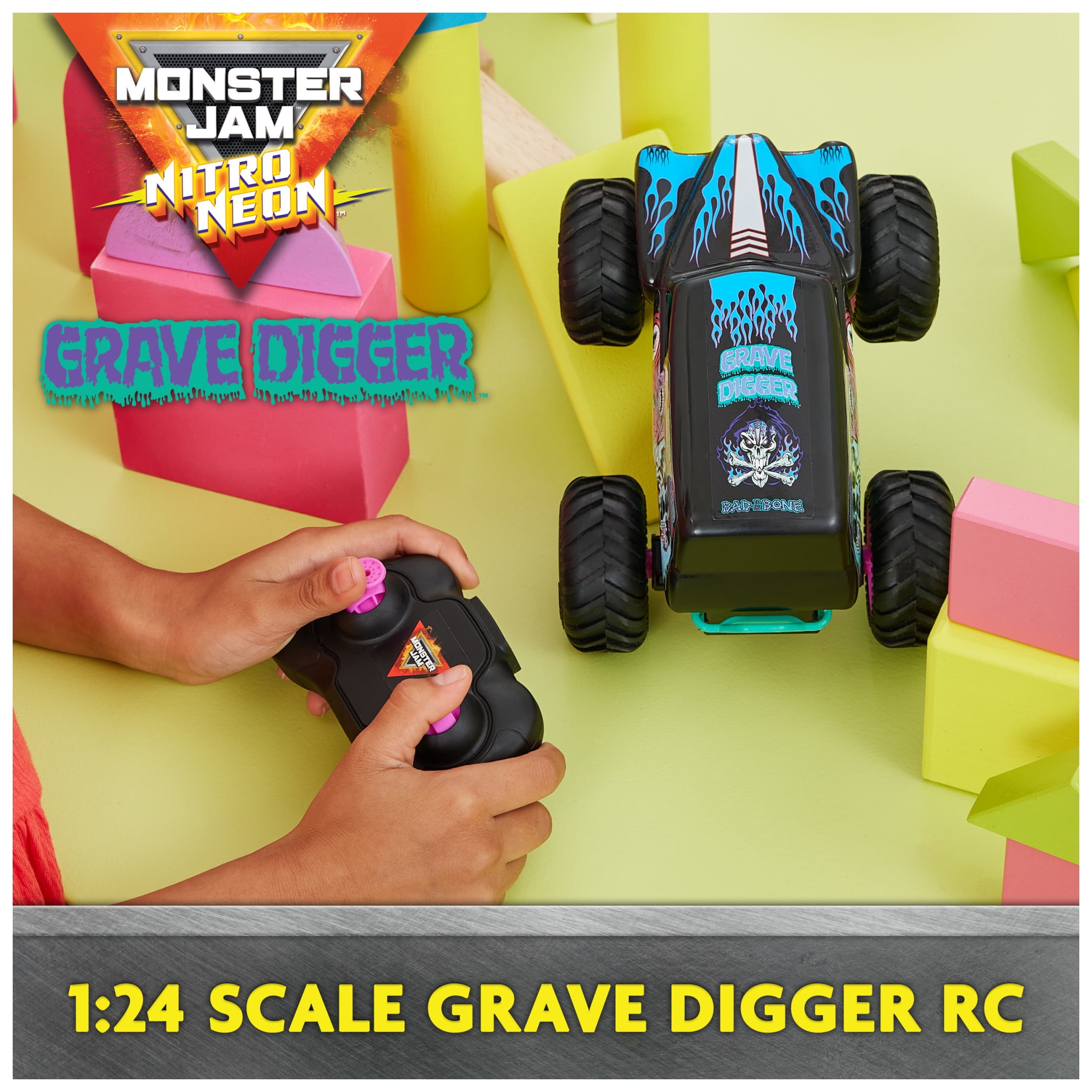 Monster Jam Grave Digger Remote Control Monster Truck, Nitro Neon Edition (1:24 Scale) 7ld2p