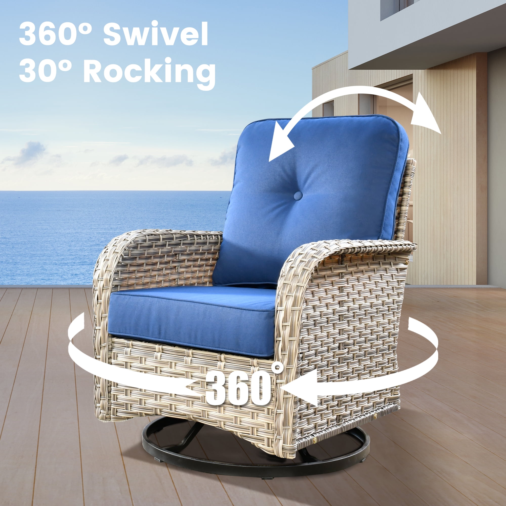 XIZZI 9-Piece Outdoor Patio Sectional Furniture Set, Wicker Conversation Set with Swivel Chairs and Solar Coffee Table (Navy Blue, 9-Piece) brinc