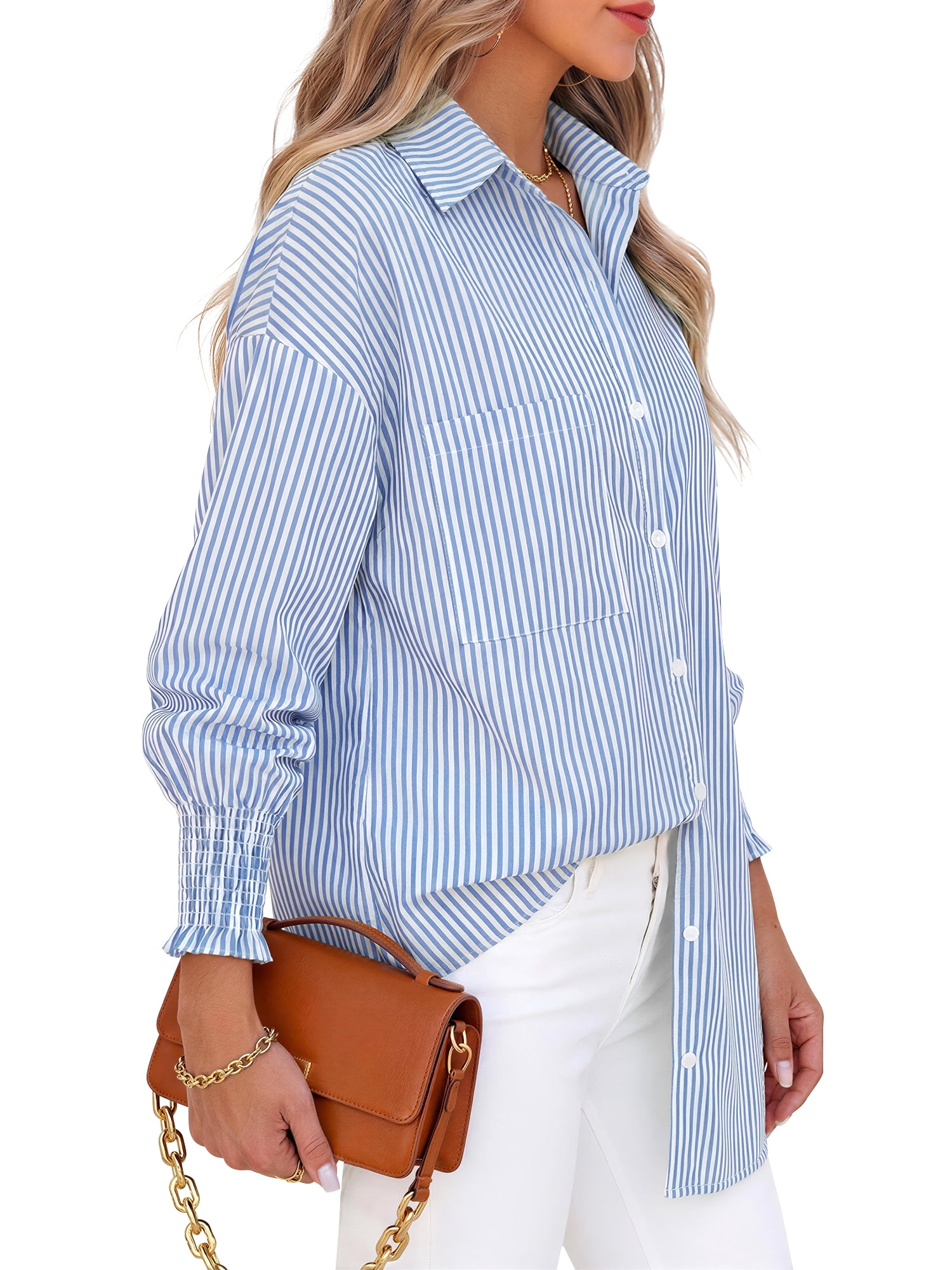 Fantaslook Women's Striped Button Down Shirt Long Sleeve Blouse with Pocket (Blue, M) 43399
