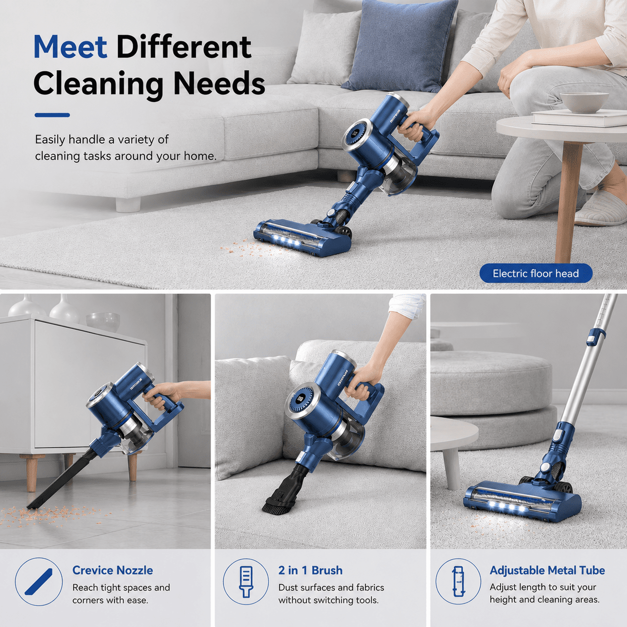 PrettyCare Cordless Stick Vacuum Cleaner, 6-in-1 Lightweight Upright for Carpet and Hard Floor (Blue, 1.3L Dust Cup) 6ctnz