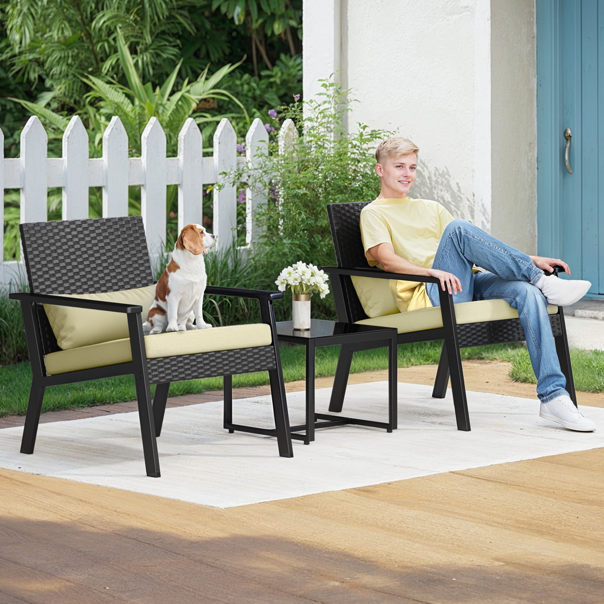 Aiho 3-Piece Outdoor Wicker Patio Furniture Set with Glass Table (Gray, 30 in Depth) n51q5
