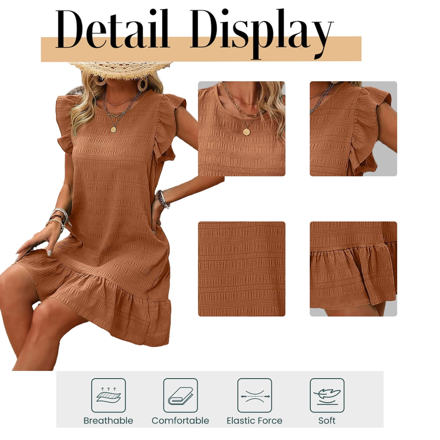 Cuteduck Womens Casual Dress Ruffle Sleeve Tiered Hem Round Neck Textured Summer Dress (Solid, S) 0lstf