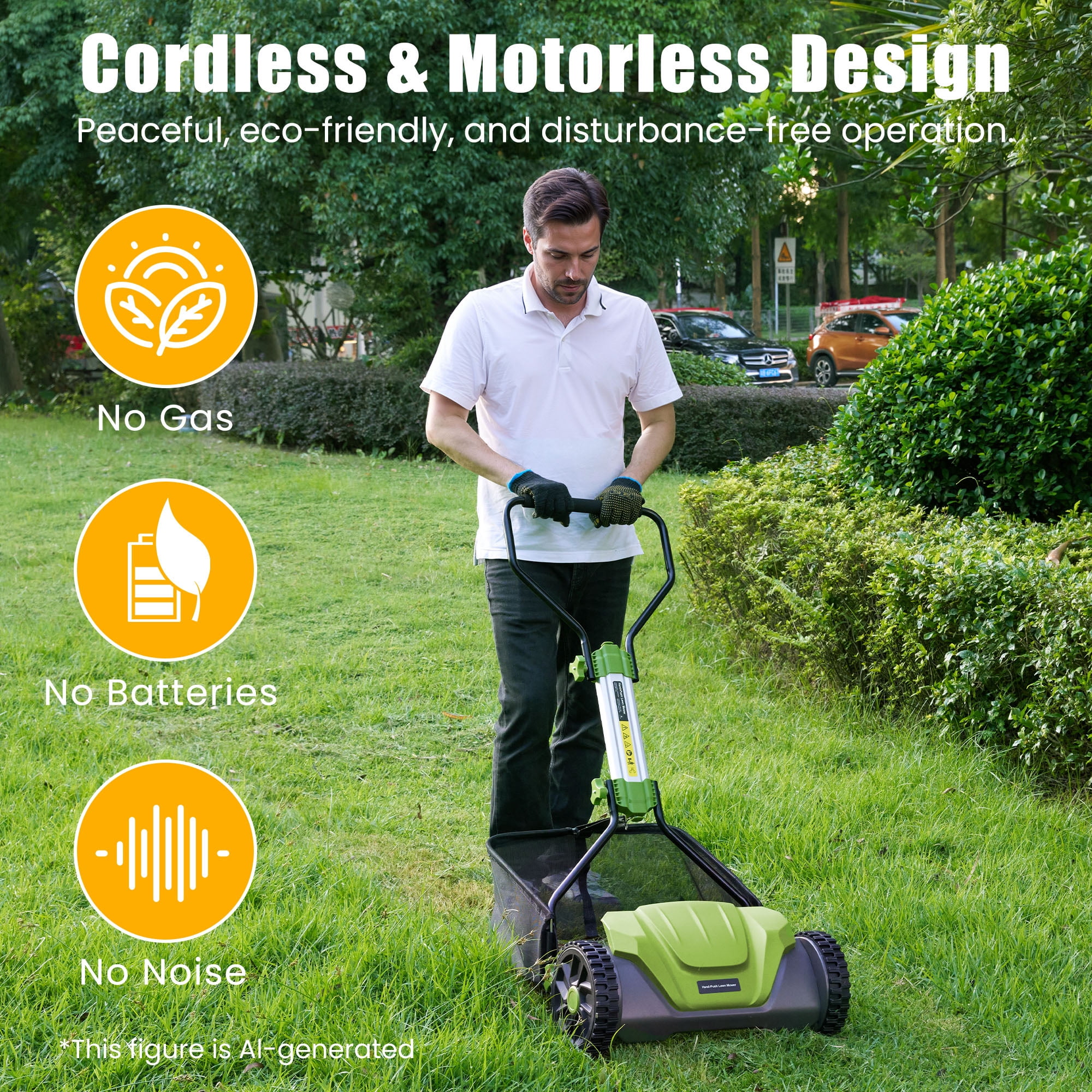 Naipo Manual Push Reel Lawn Mower, 16-in Cutting Width, 5-Blade System, 6 Adjustable Heights, Includes 8-Gallon Grass Catcher (Green) 9na7t