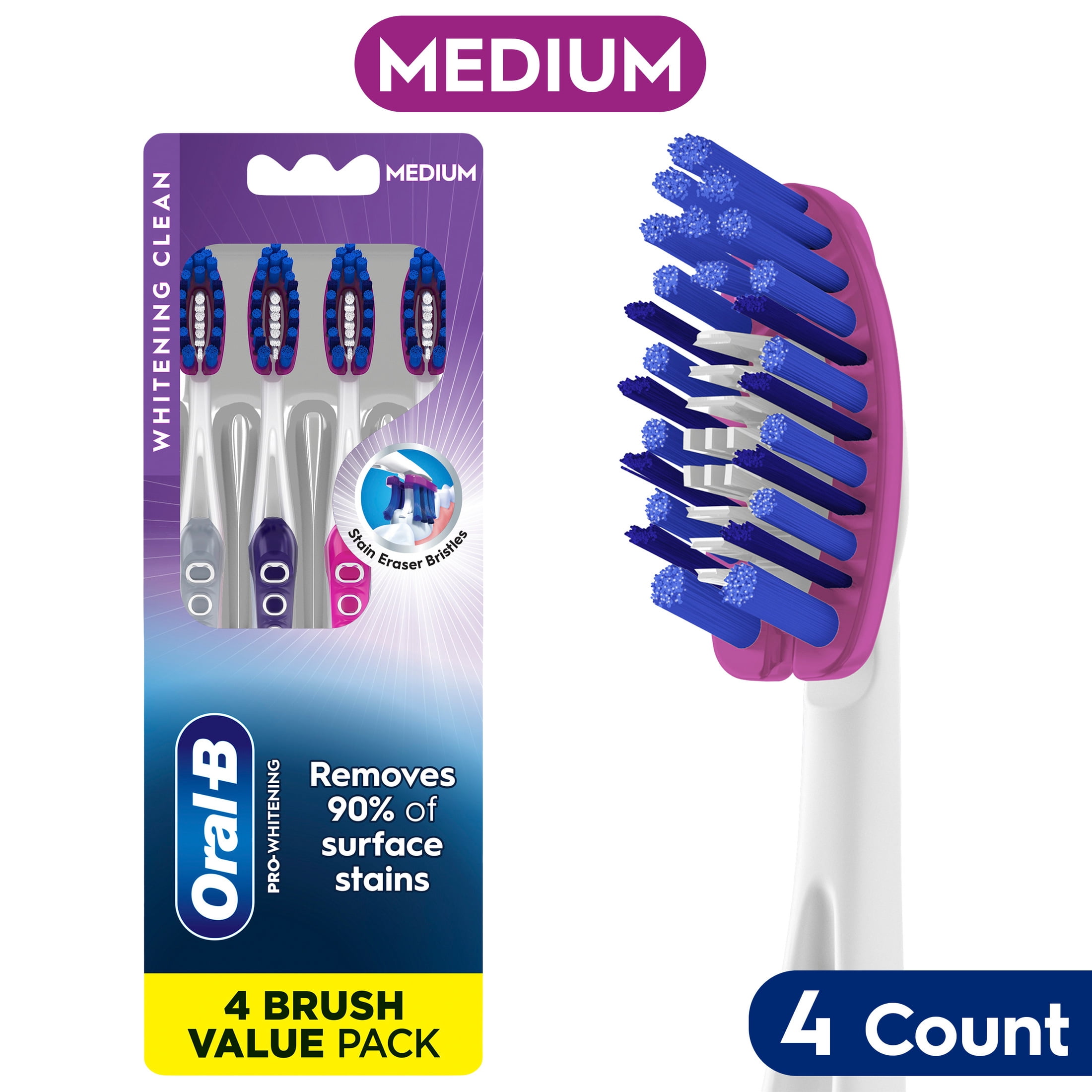 Oral-B Pro-Whitening Manual Toothbrush with Stain Eraser (Medium, 4 Count) 4jv99