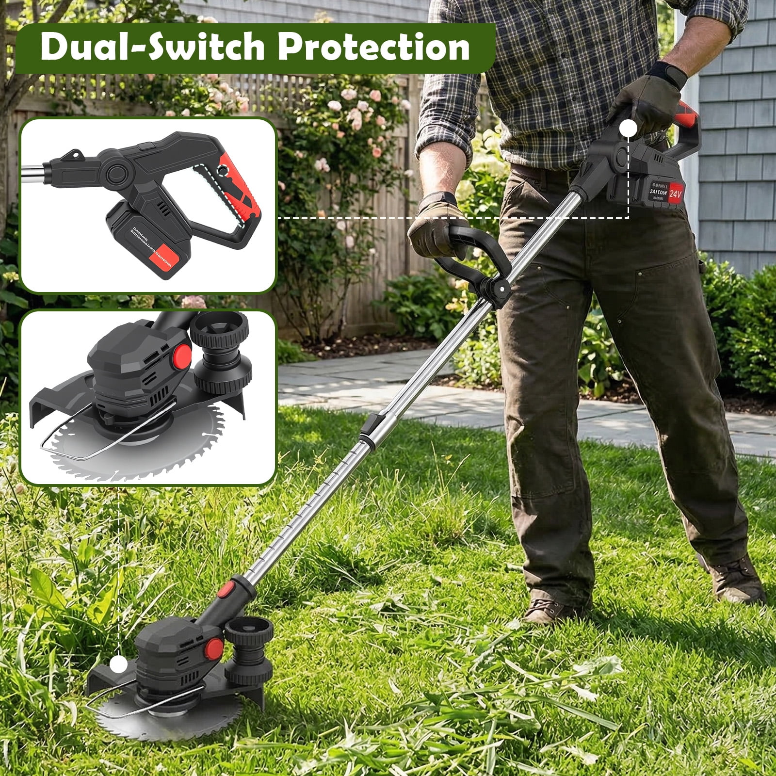 CATGOOD Electric Cordless Weed Eater, 24V Grass Trimmer with 2 Batteries and Charger (8 in Cutting Width) 6bmcb