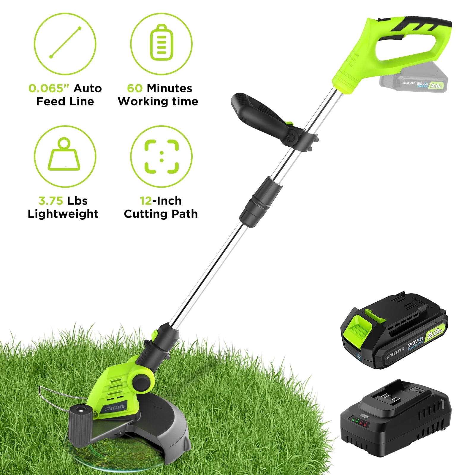 Steelite 21V Cordless String Trimmer and Edger, Lightweight Electric Weed Wacker with 2.0Ah Battery and Charger (Green, 12 in) dof3c