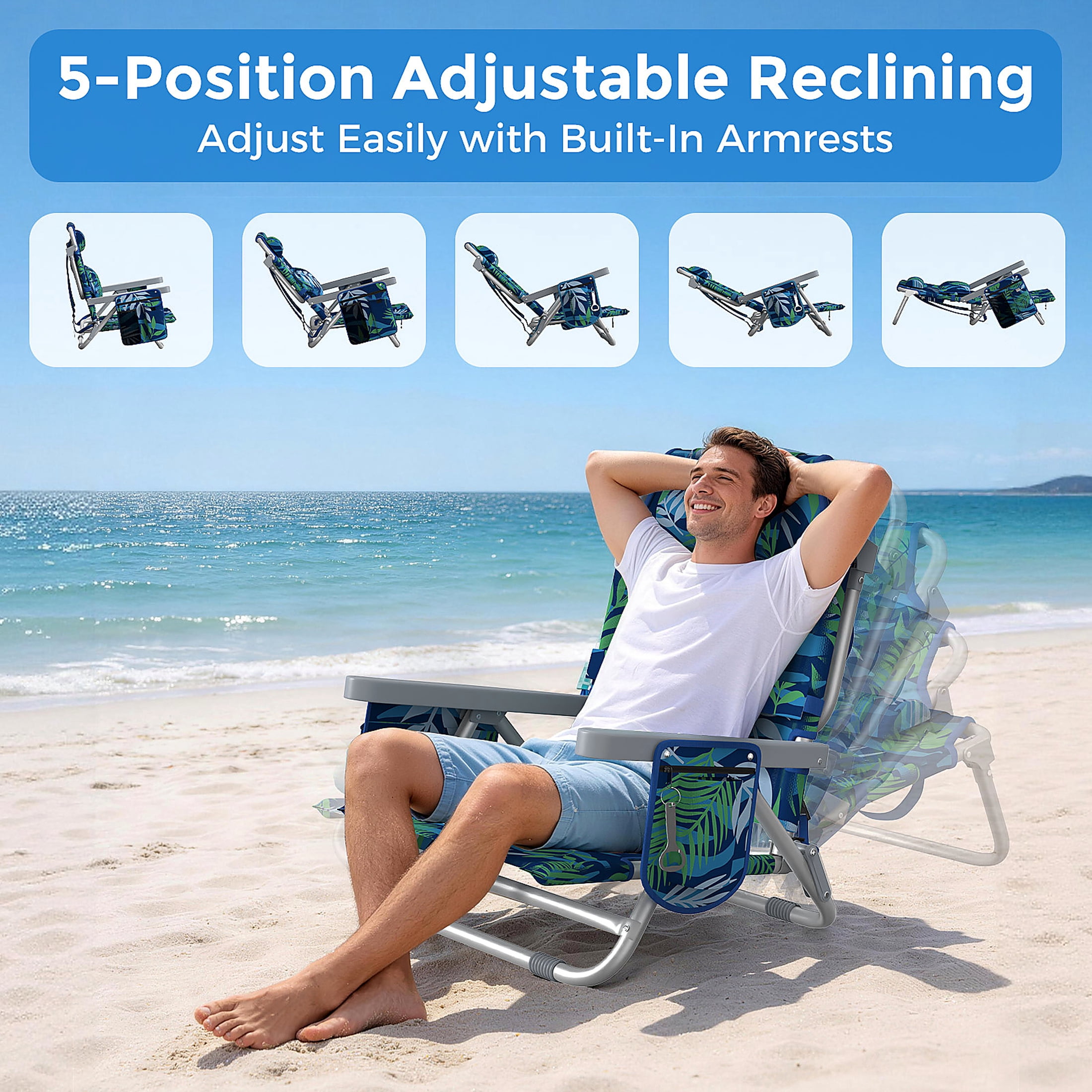DKMOCO Backpack Beach Chair Folding Camping Chair, Heavy Duty 6-Position Reclining Outdoor Lounge Chair with Cup Holder (Leaf Blue-Green, 1 Pack) 8l8kz