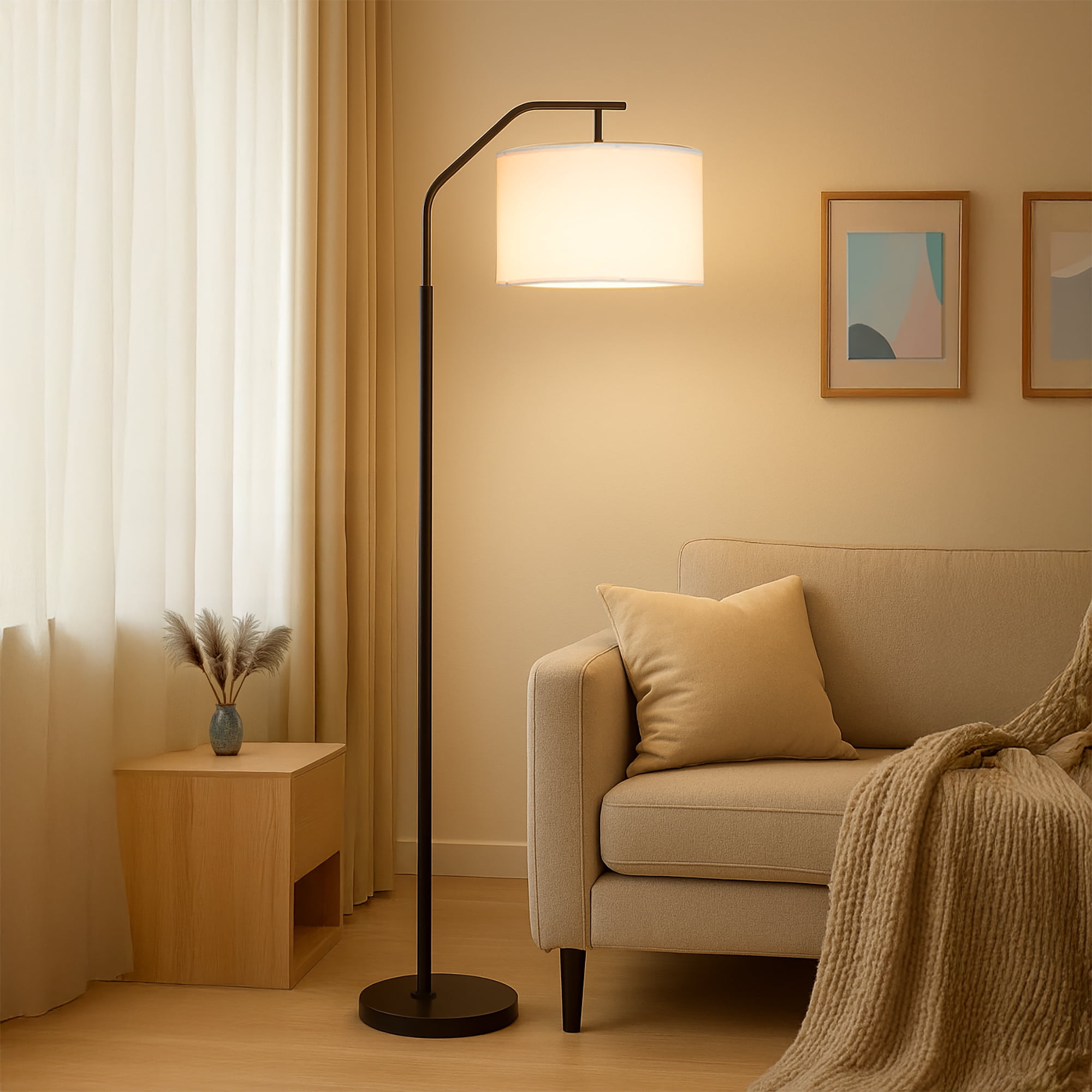 Mainstays 62 in Metal Angled Downbridge Floor Lamp with Linen Shade (Black, 62 in) y353p