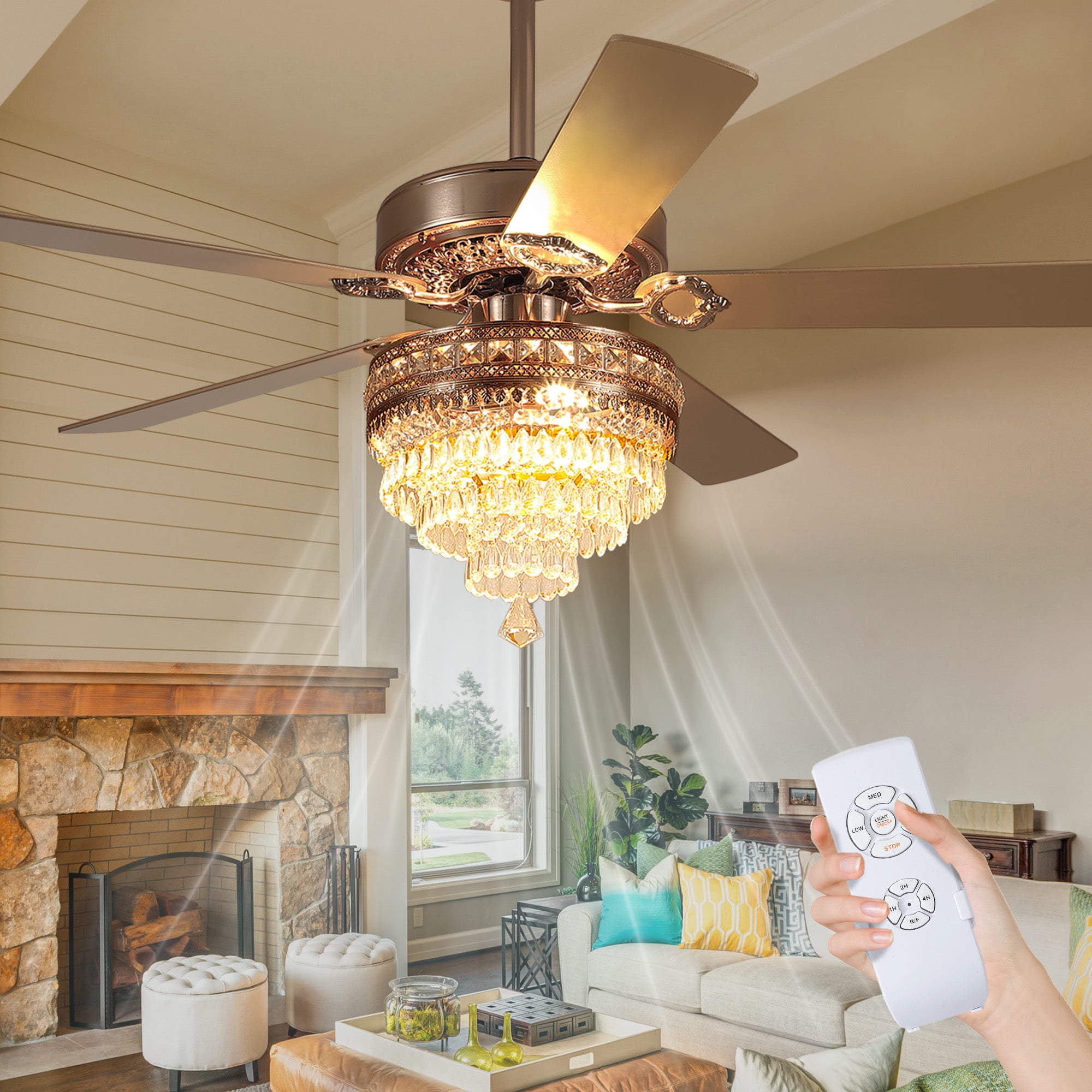 Yiosi 52 in Crystal Chandelier Ceiling Fan with Remote Control, 3-Speed AC Motor, Farmhouse Lighting for Living Room (Gold, 52 in) zuq47
