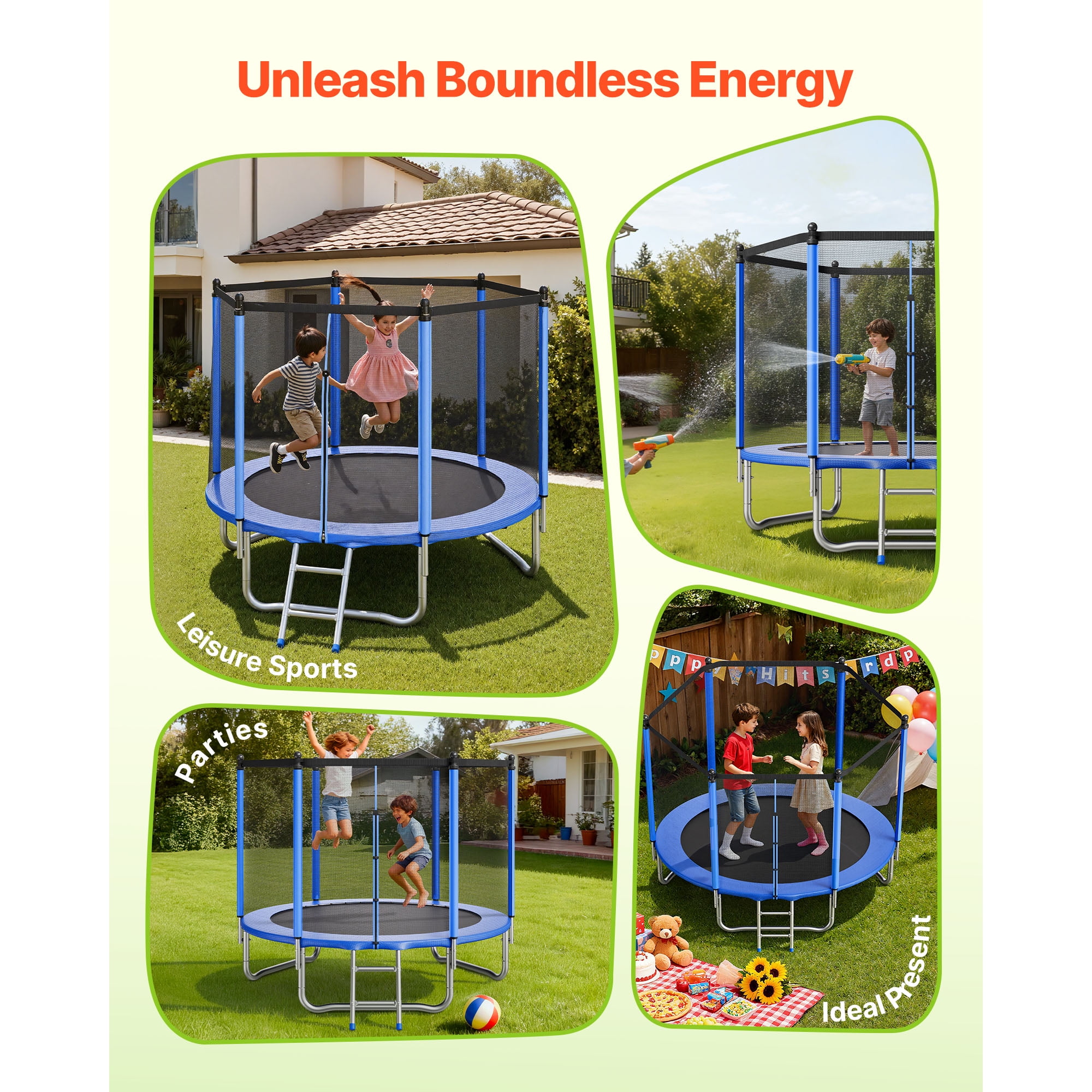 KFFKFF 8ft Outdoor Trampoline with Safety Enclosure, Rust-Resistant Steel Frame, High-Bounce Recreational Set (Black, 8ft) whsg3