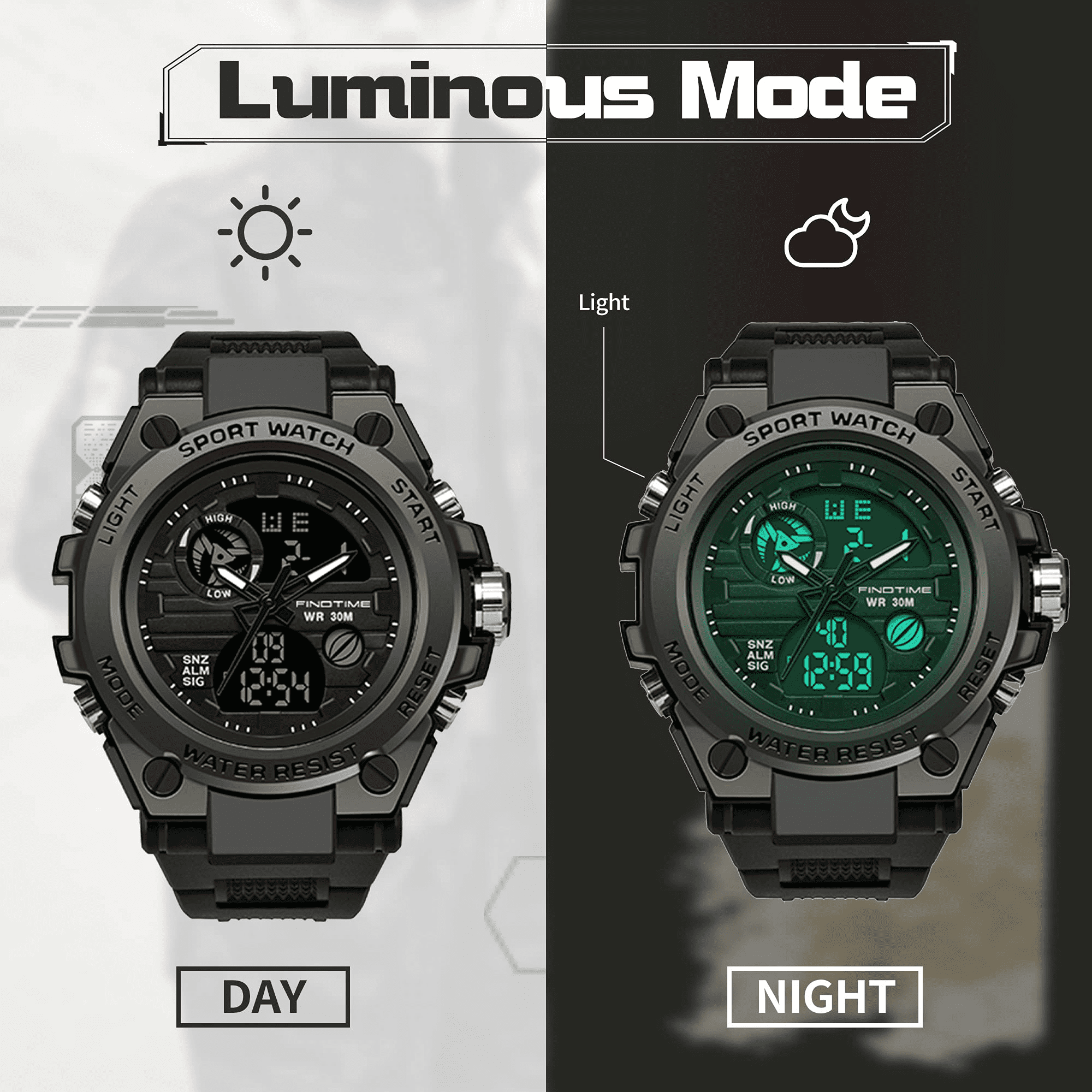 Findtime Men's Military Tactical Digital Analog Watch Waterproof Outdoor Sports Wristwatch (Black, 2 in) v3kwd